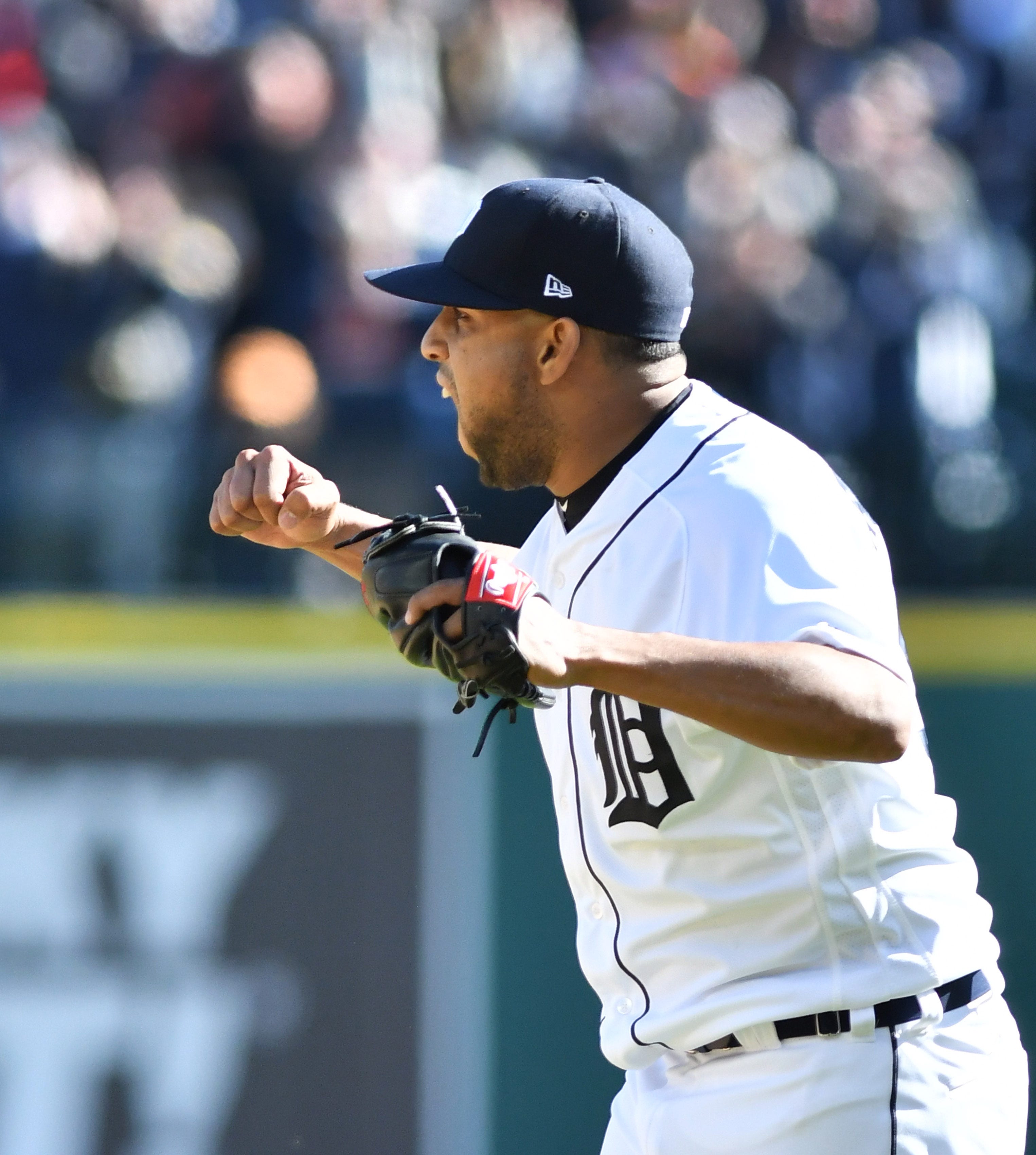Tigers pitcher Francisco Rodriguez celebrates the win. Detroit Tigers vs Boston Red Sox at Tigers Opening Day at Comerica Park in Detroit on April 7, 2017. Tigers win, 6-5.