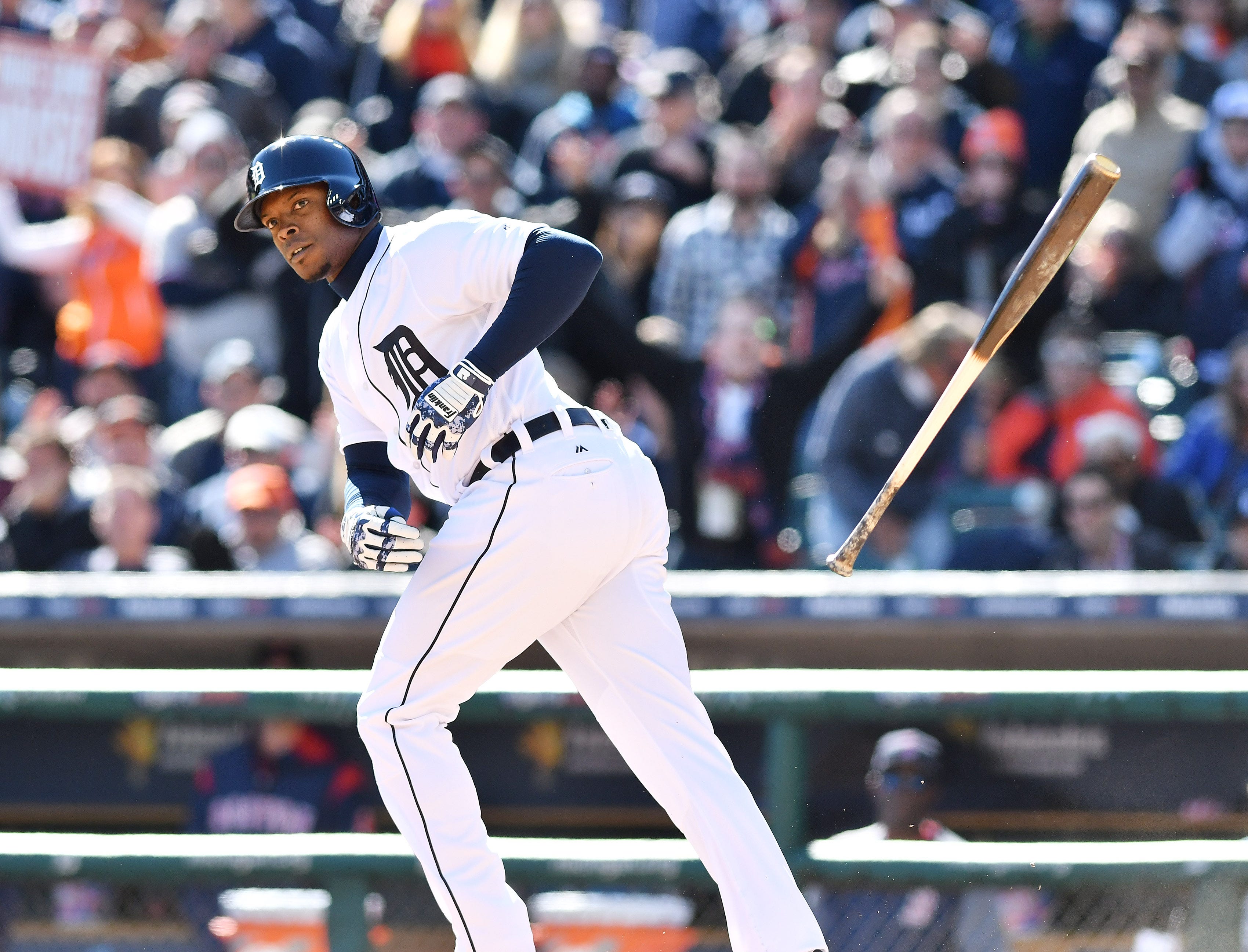 Tigers' Justin Upton draws a walk in the eighth inning. Detroit Tigers vs Boston Red Sox at Tigers Opening Day at Comerica Park in Detroit on April 7, 2017. Tigers win, 6-5.
