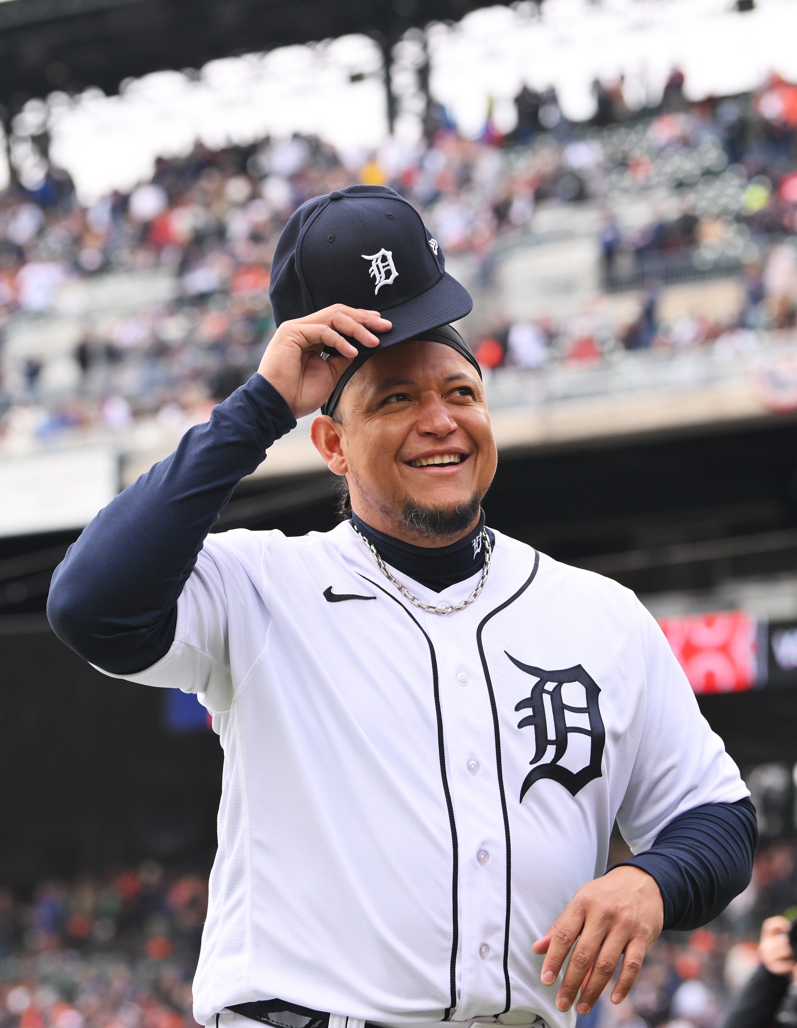 Tigers slugger Miguel Cabrera smiles and looks to the crowd at the end of pre-game introductions during his final home opener in Detroit. Tigers home opener against the Boston Red Sox in Detroit on Thursday, April 6, 2023.