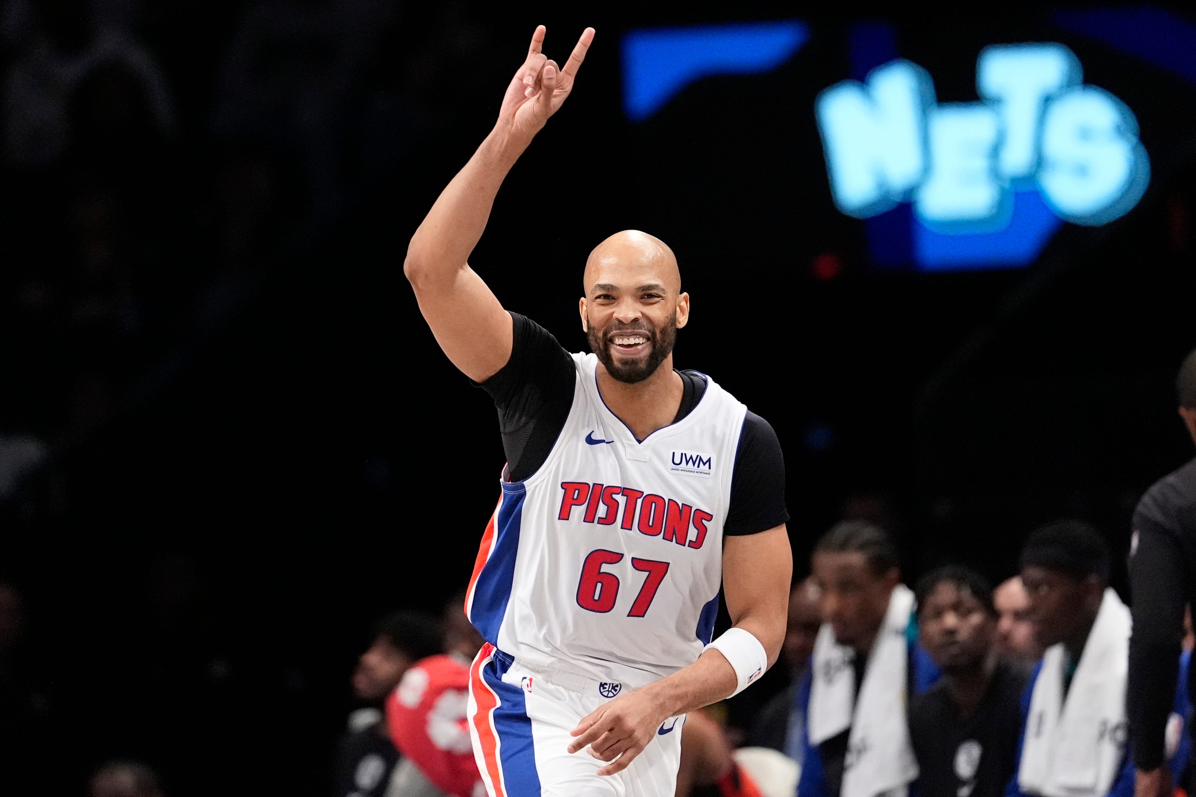 Detroit Pistons forward Taj Gibson reacts during the first half.