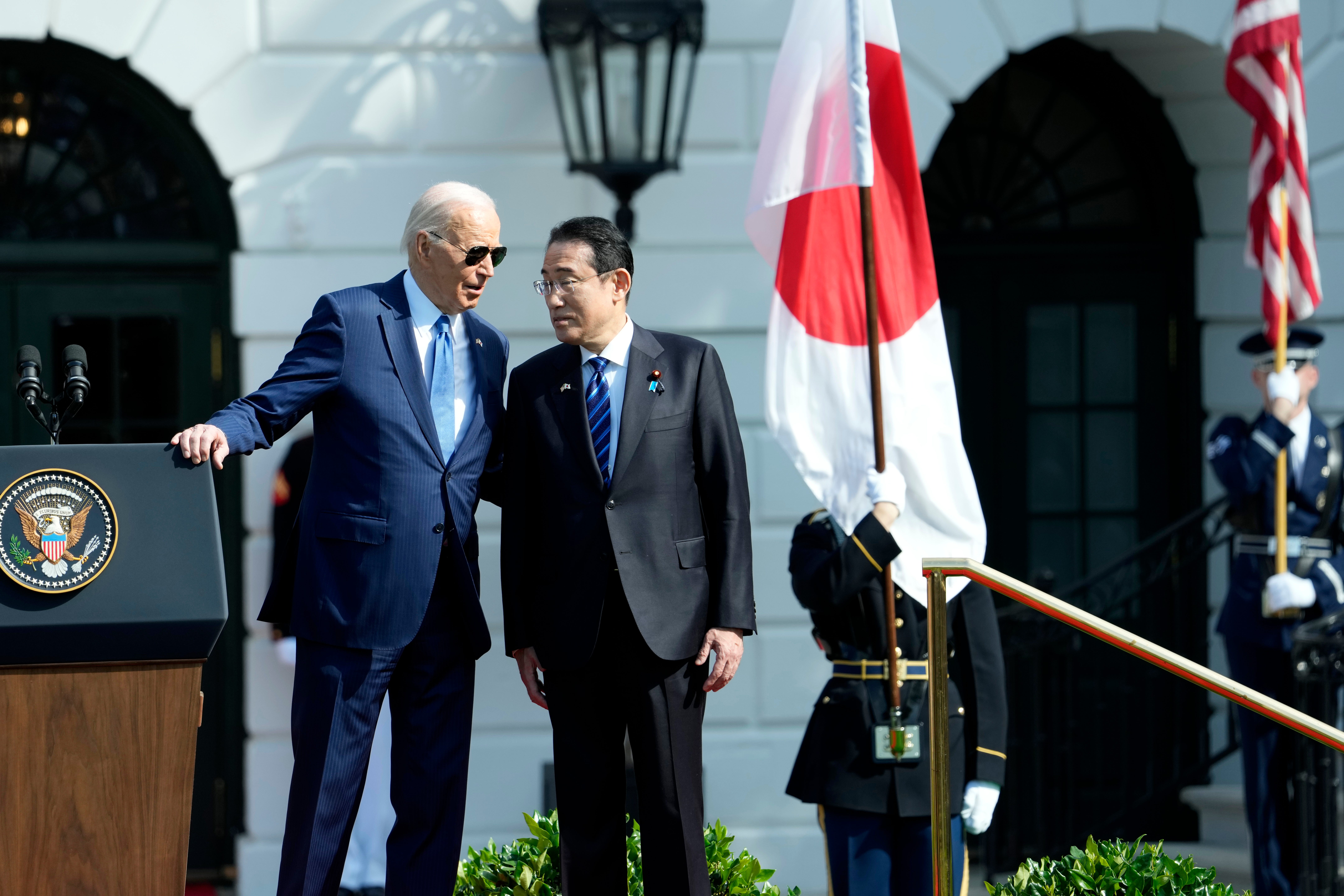 President Joe Biden, left, and Japanese Prime Minister Fumio Kishida participate in a State Arrival Ceremony on the South Lawn of the White House, Wednesday, April 10, 2024, in Washington.