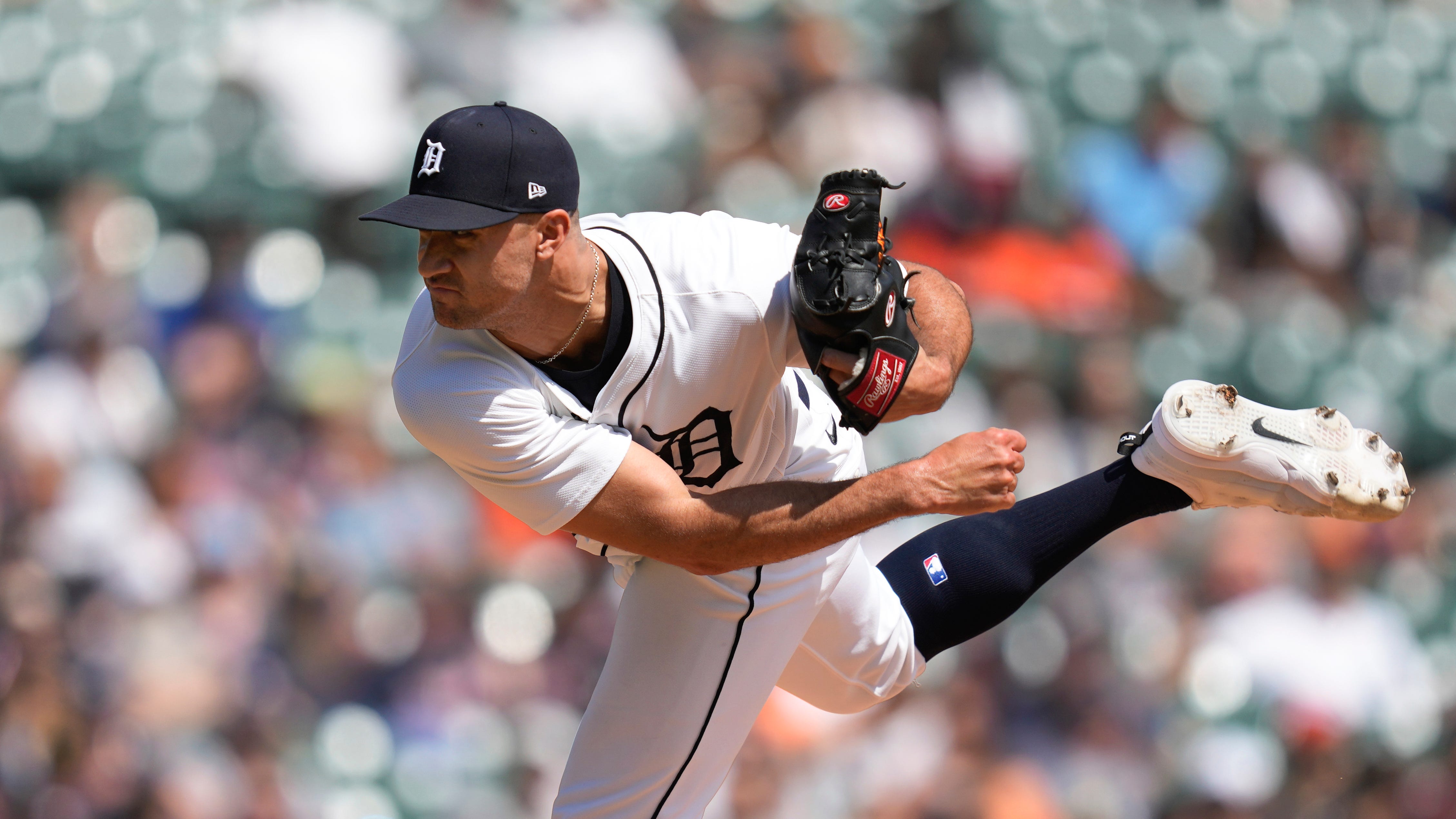 Detroit Tigers pitcher Jack Flaherty throws against the Minnesota Twins in the fourth inning Sunday, April 14, 2024, at Comerica Park in Detroit.
