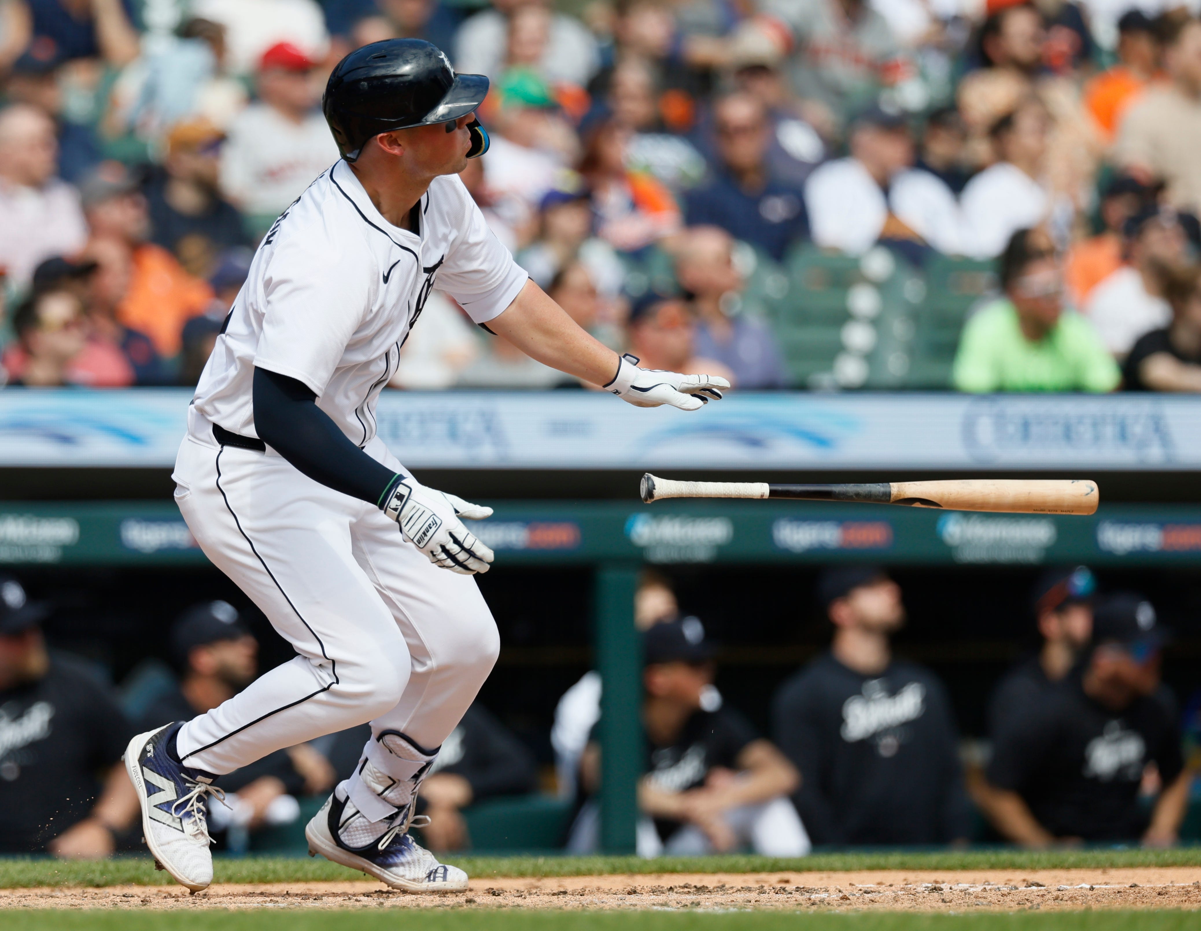 DETROIT, MI - APRIL 14: Spencer Torkelson #20 of the Detroit Tigers hits a double against the Minnesota Twins during the seventh inning at Comerica Park on April 14, 2024 in Detroit, Michigan. (Photo by Duane Burleson/Getty Images)
