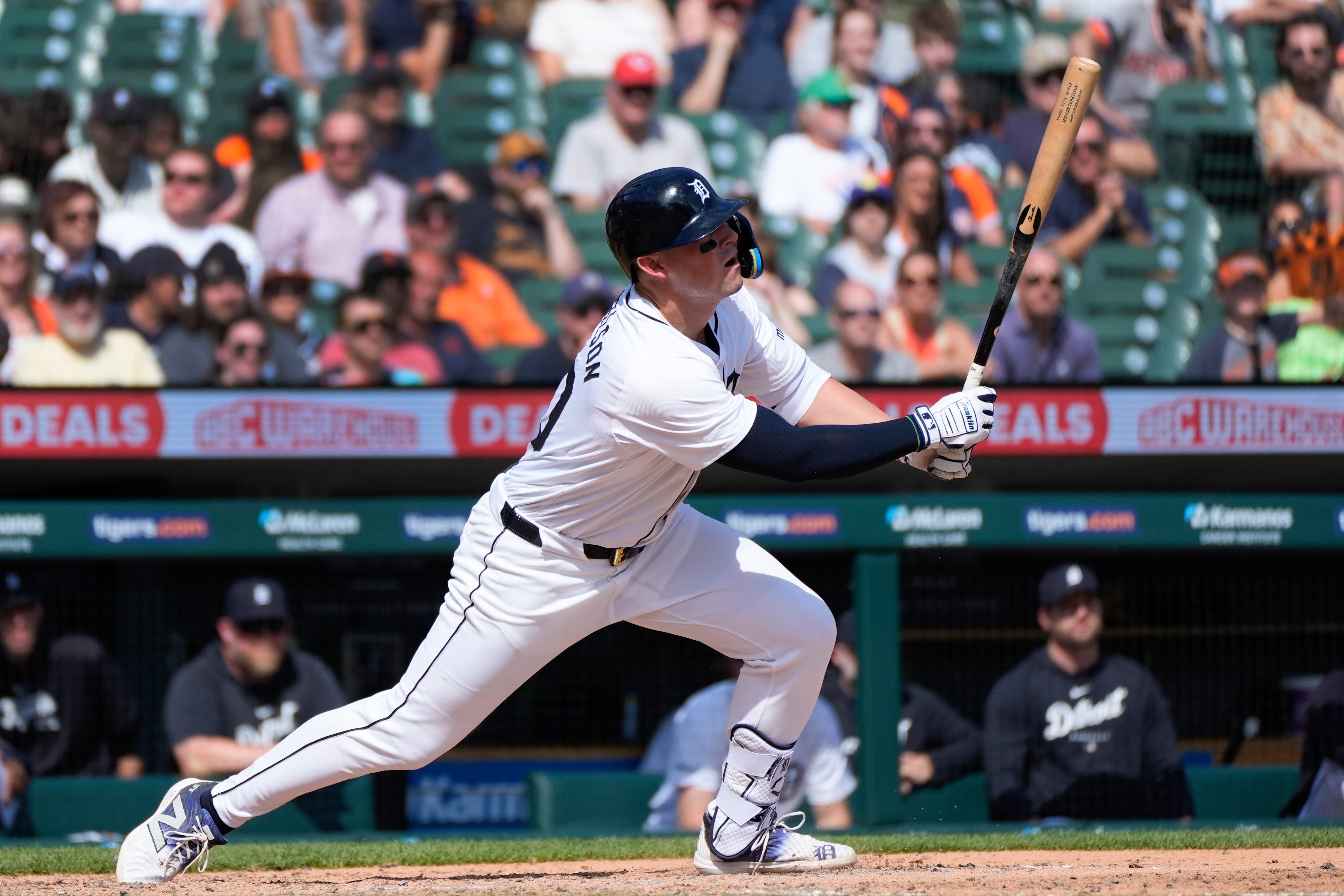 Detroit Tigers' Spencer Torkelson hits a one-run single against the Minnesota Twins in the eighth inning of a baseball game, Sunday, April 14, 2024, in Detroit. (AP Photo/Paul Sancya)