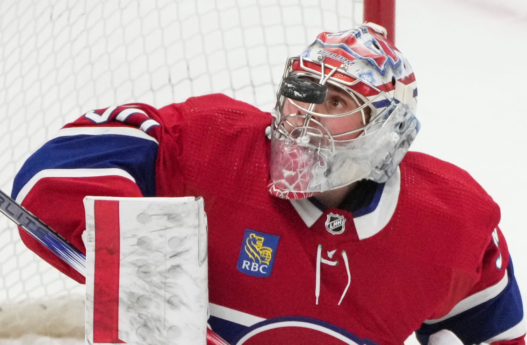 Montreal Canadiens goaltender Cayden Primeau watches the puck during the second period.