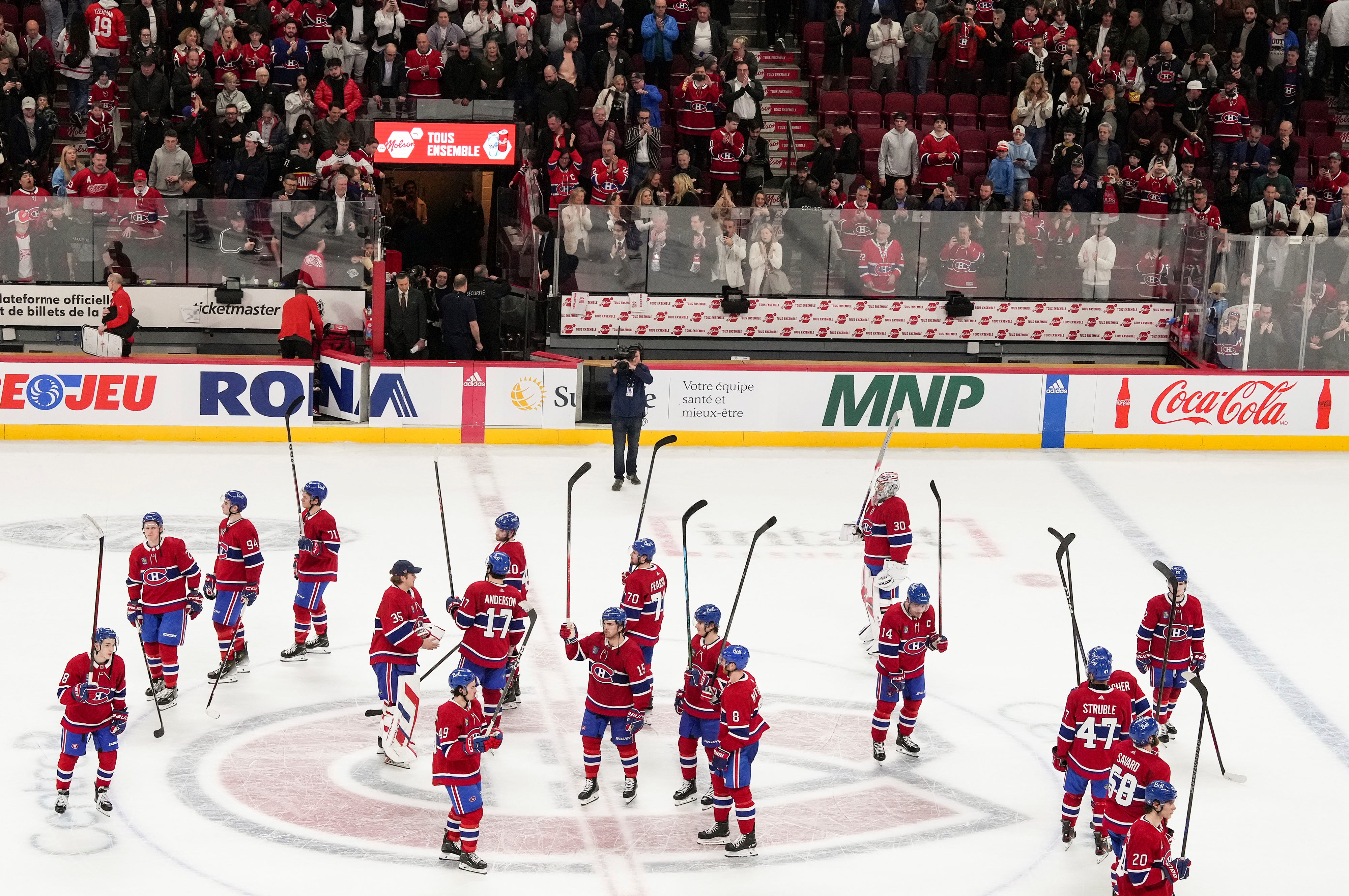 Montreal Canadiens salute the crowd following their final NHL hockey game of the season against the Detroit Red Wings.