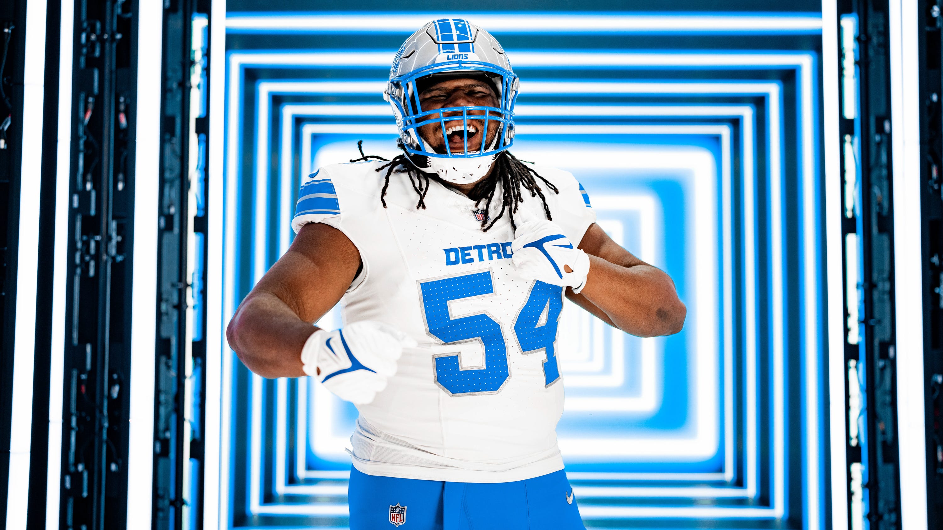 Detroit Lions defensive lineman Alim McNeill (54) models one of the team's new uniform designs.