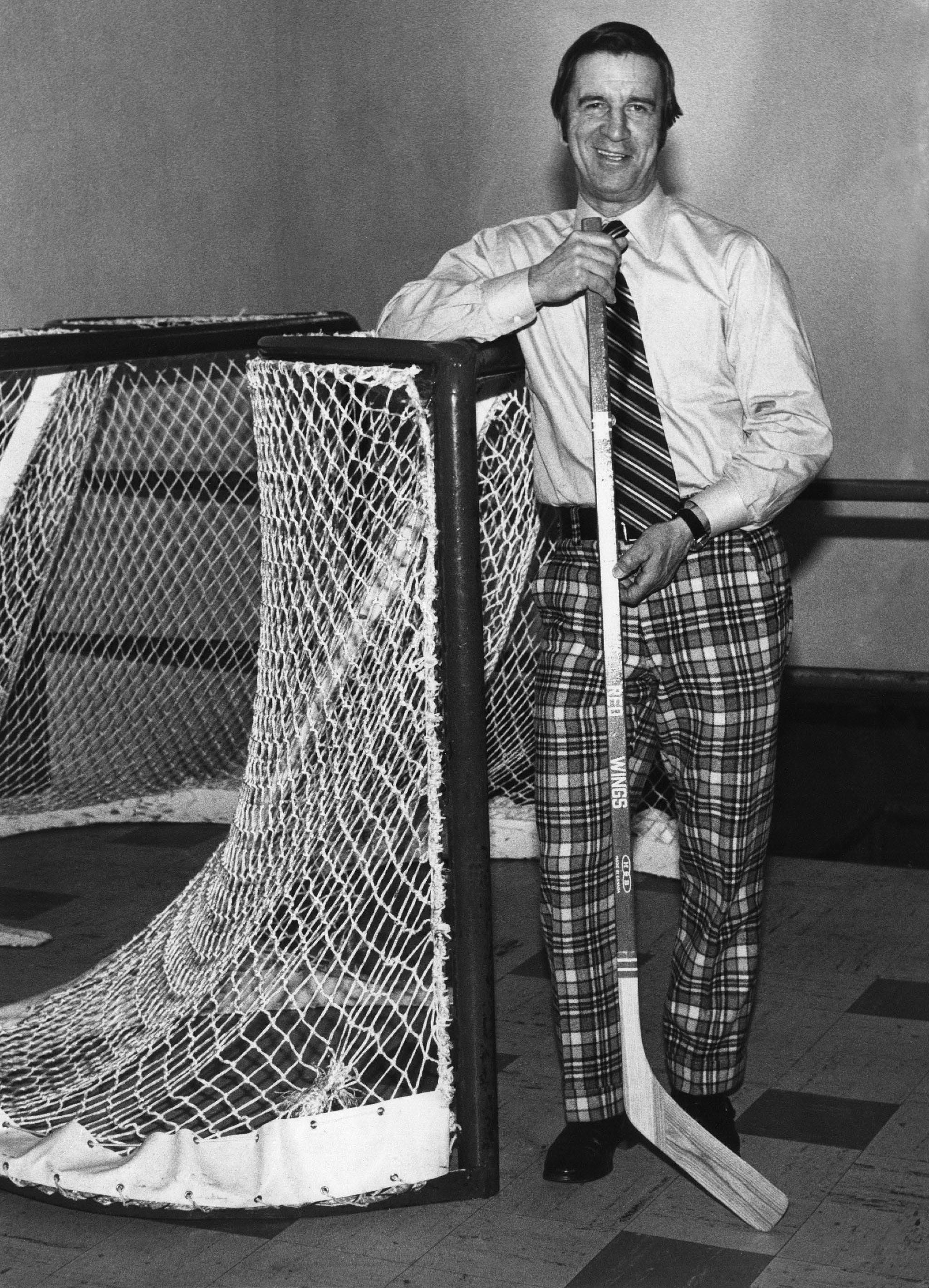 Ted Lindsay, now general manager of the Detroit Red Wings, wears pants he would someday likely regret in March 1977 at Olympia Stadium.