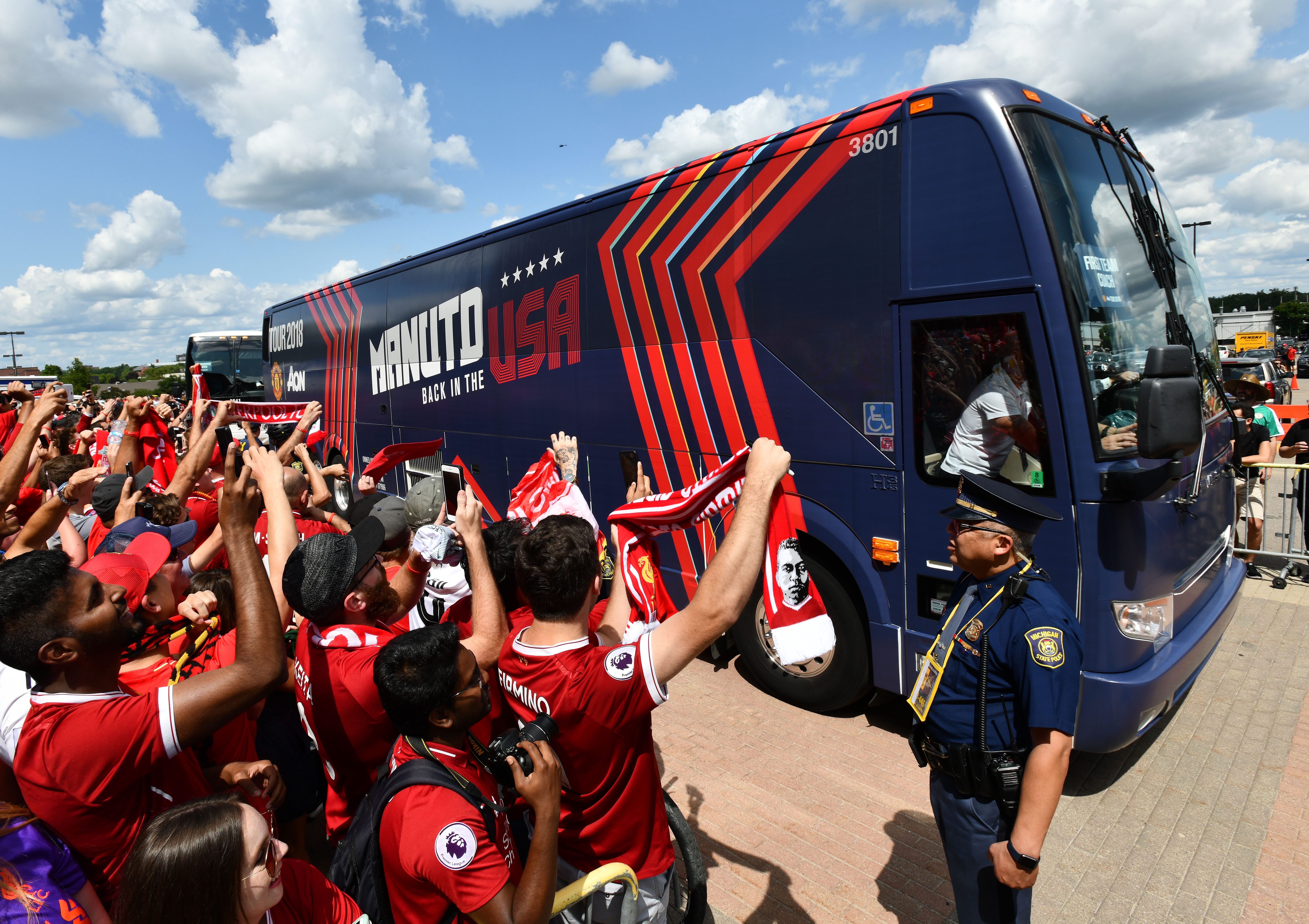 The Manchester United bus arrives at Michigan Stadium.