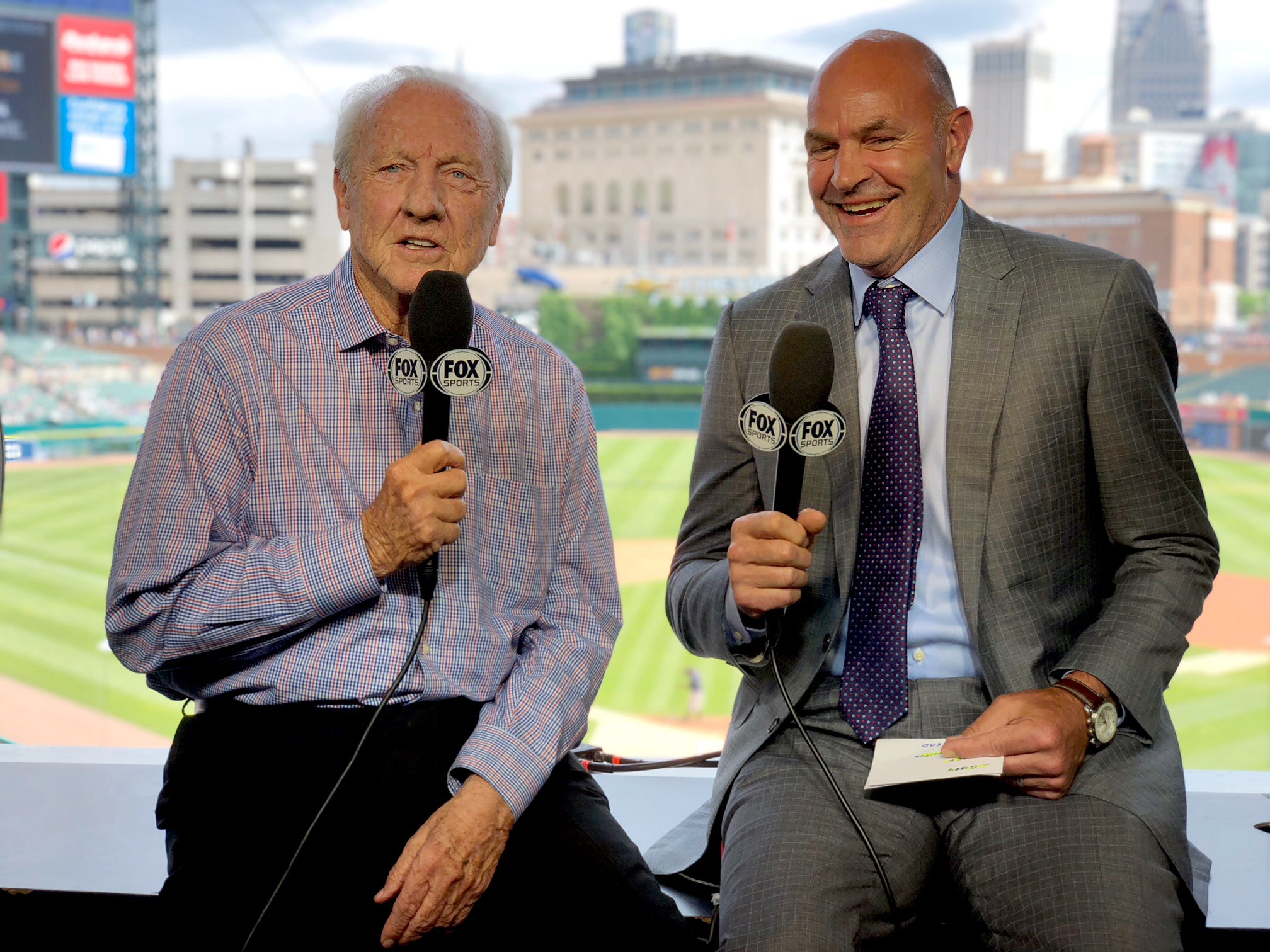 Al Kaline, left, and Kirk Gibson in the FSD booth at Comerica Park.