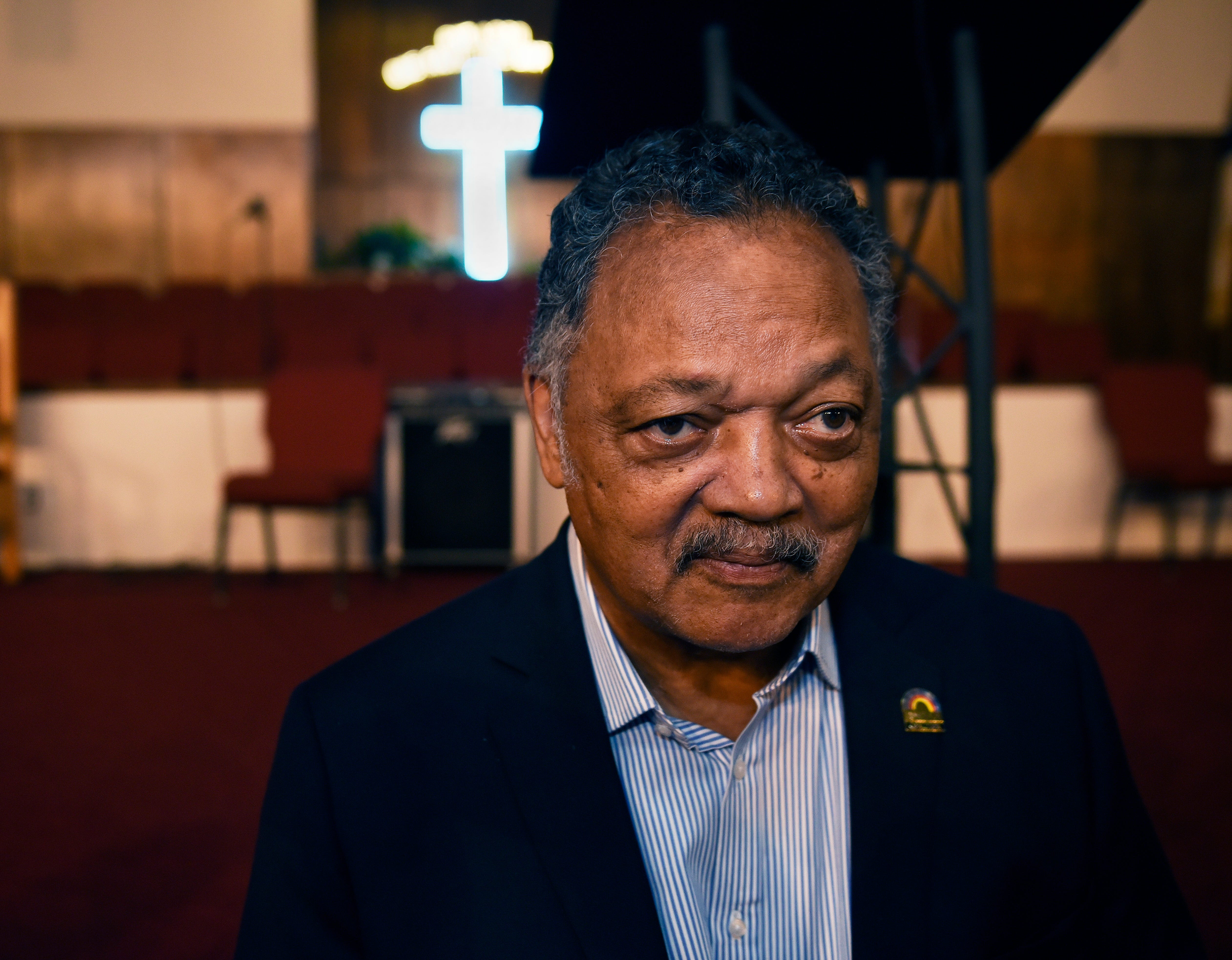 The Rev. Jesse Jackson talks to reporters about the life of Aretha Franklin in New Bethel Baptist Church in Detroit, Thursday, Aug. 16, 2018.