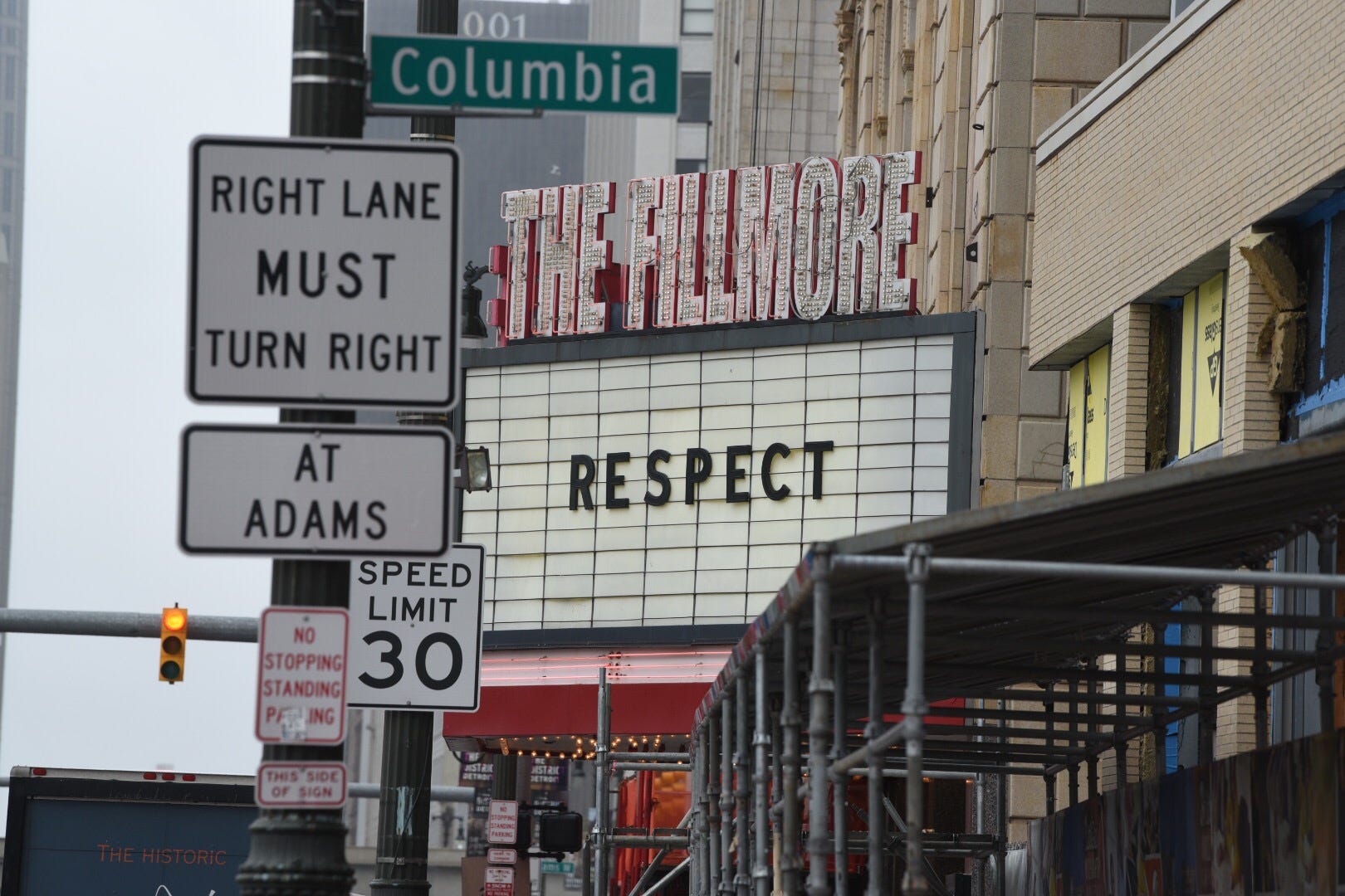 At the Fillmore theater the word R-E-S-P-E-C-T, a tribute to one of Aretha Franklin's biggest hit songs, is displayed as a memorial to the singer's death Thursday in Detroit.