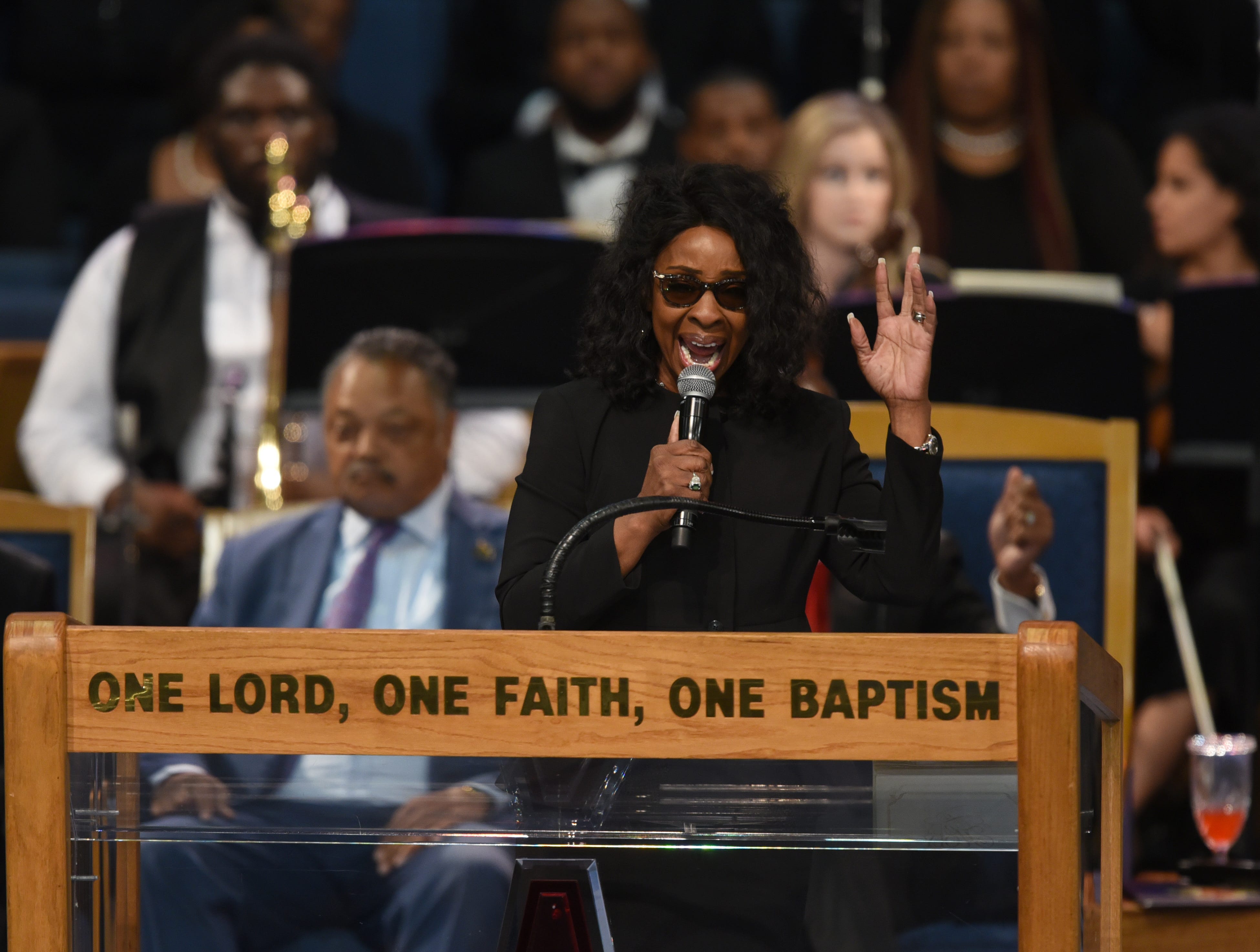 Gladys Knight performs during the funeral service for Aretha Franklin at Greater Grace Temple.
