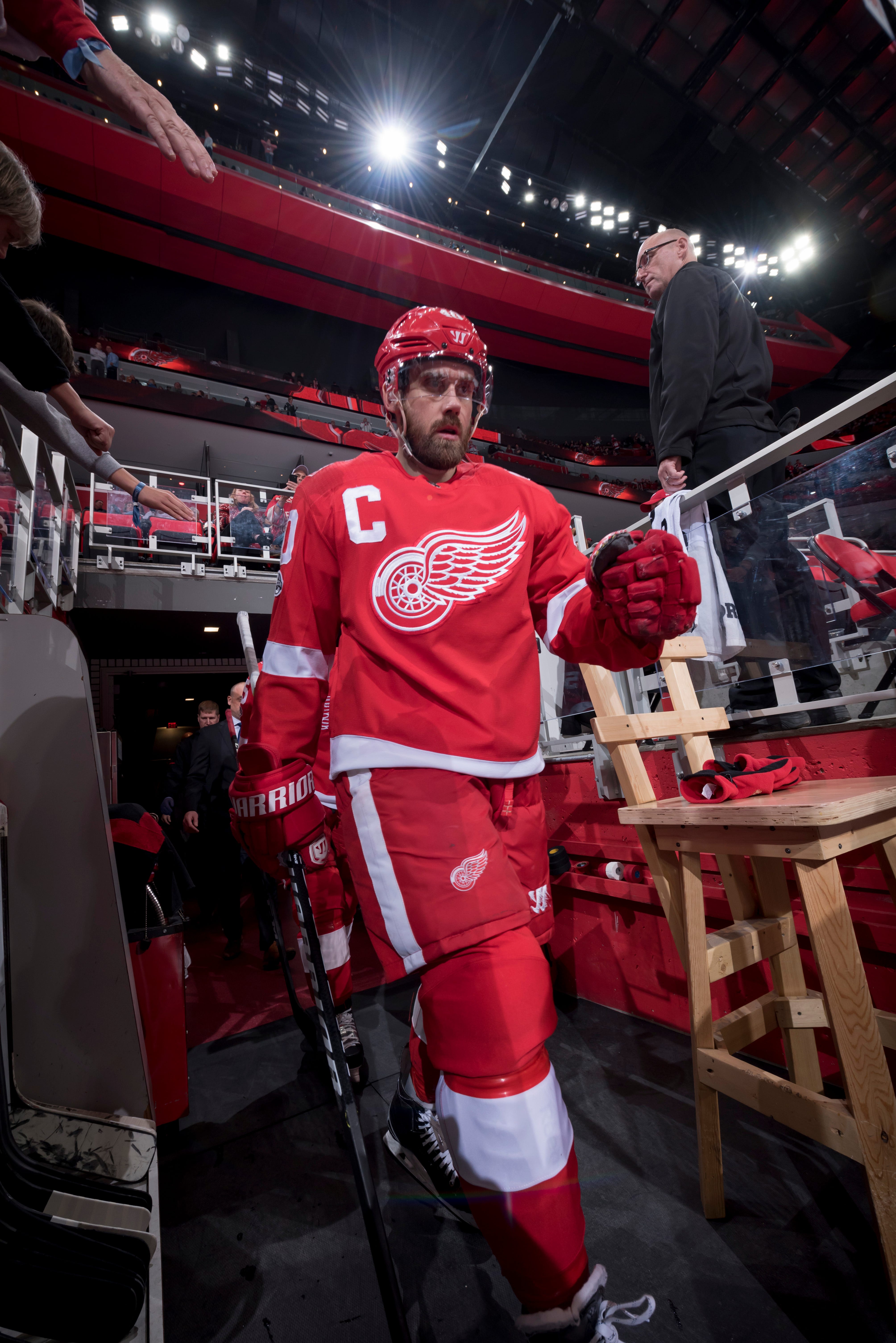 Detroit left wing Henrik Zetterberg comes out of the tunnel for the start of the period.