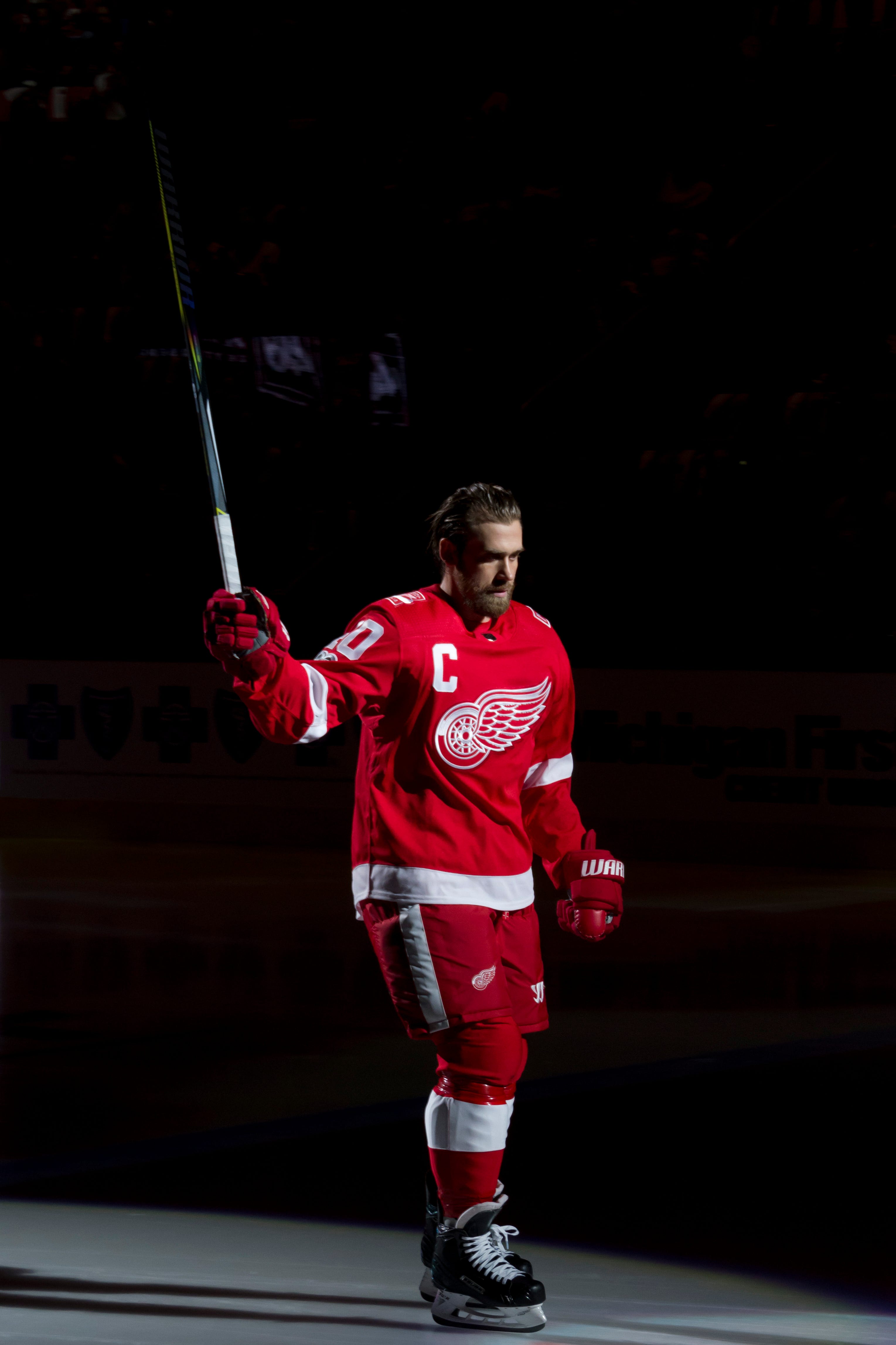 Detroit left wing Henrik Zetterberg is introduced before the start of the first regular season game at Little Caesars Arena against the Minnesota Wild on Oct. 5, 2017.