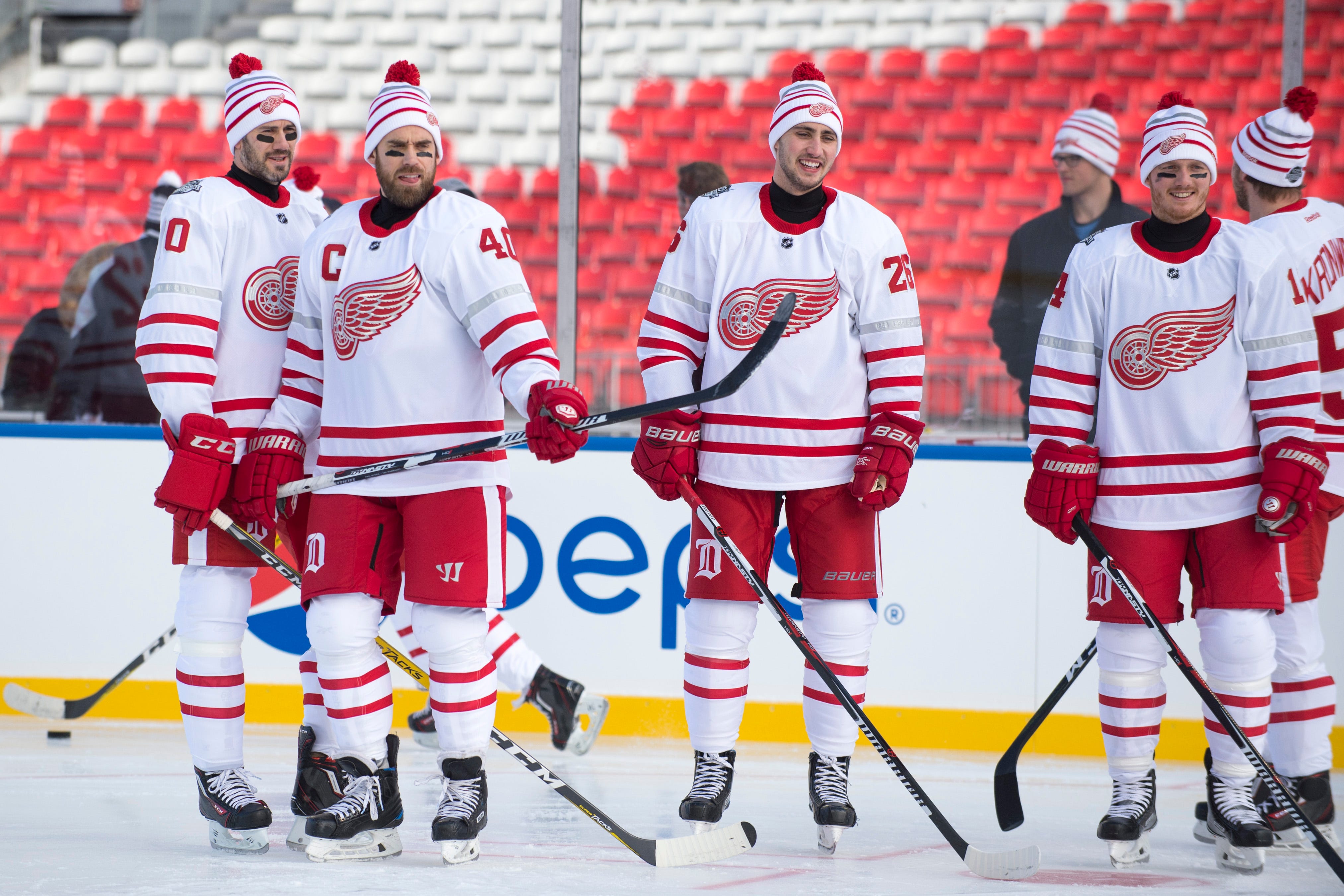 Detroit Red Wings left wing Henrik Zetterberg (40) and Detroit Red Wings right wing Tomas Jurco (26) have a laugh during the 2017 Scotiabank NHL Centennial Classic practice day for The Detroit Red Wings at Exhibition Stadium in Toronto on Dec. 30, 2016.