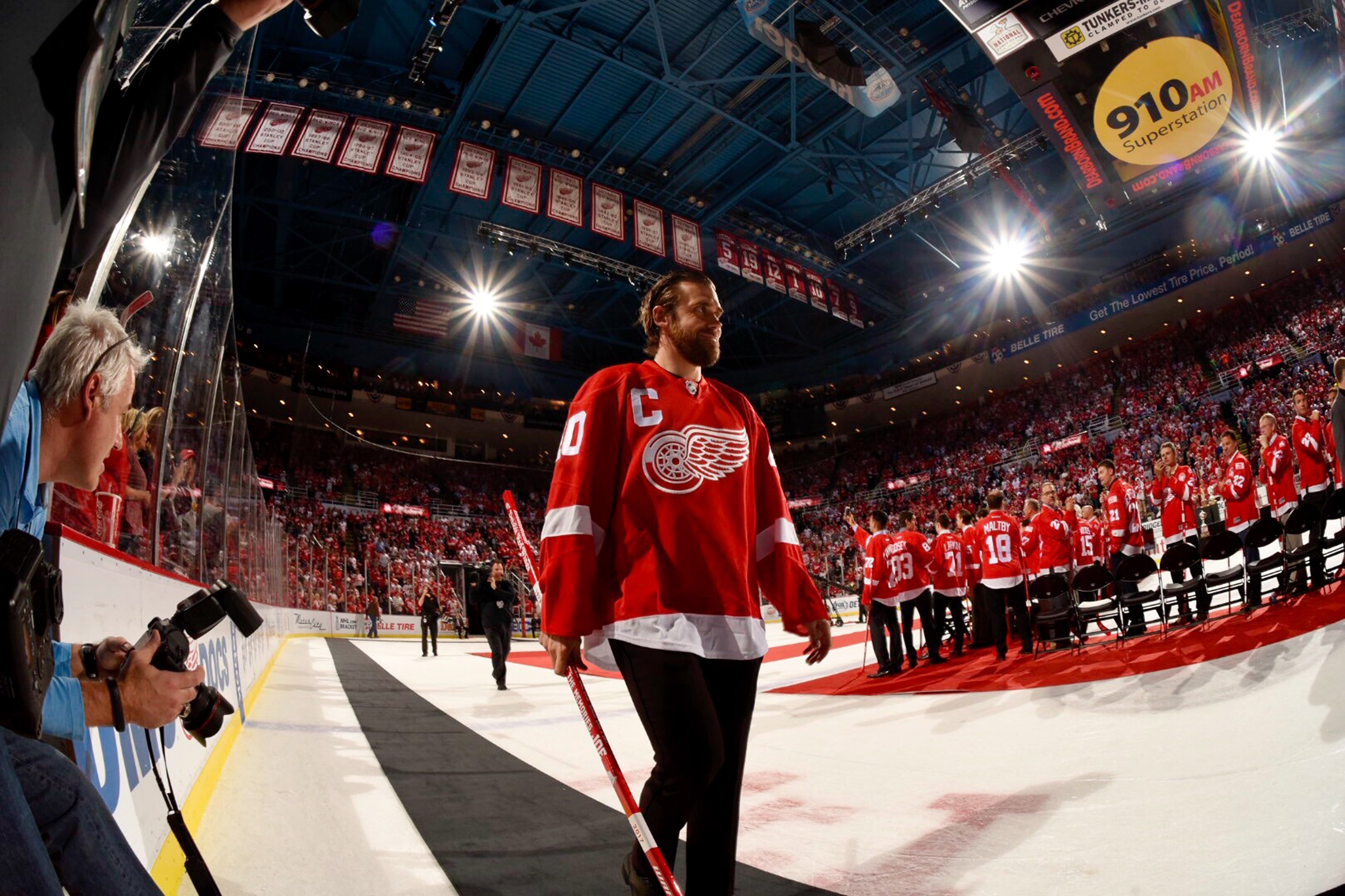 Red Wing captain Henrik Zetterberg is introduced at the postgame ceremony during the final game at Joe Louis Arena.