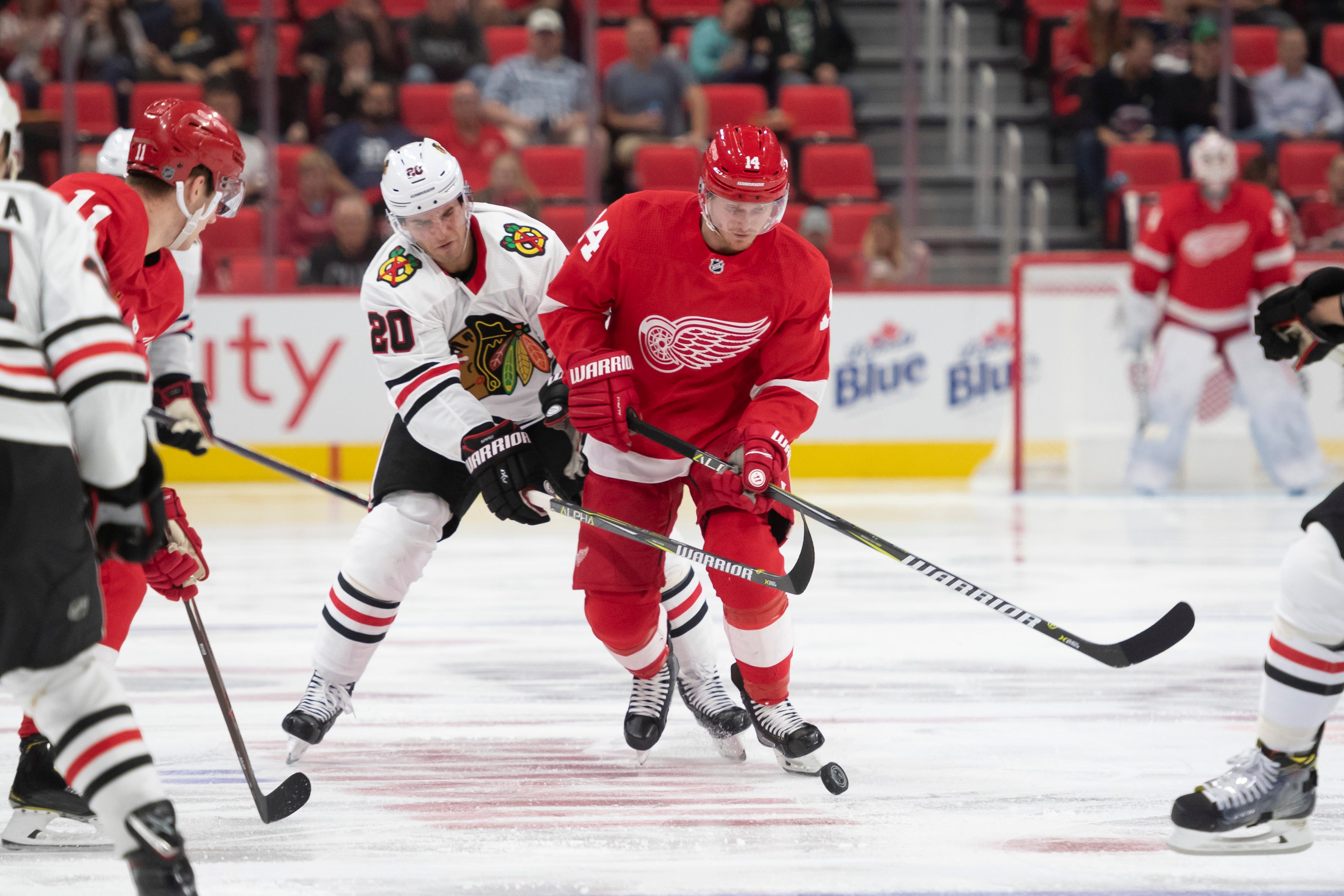Detroit center Gustav Nyquist keeps the puck away from Chicago left wing Brandon Saad in the third period.