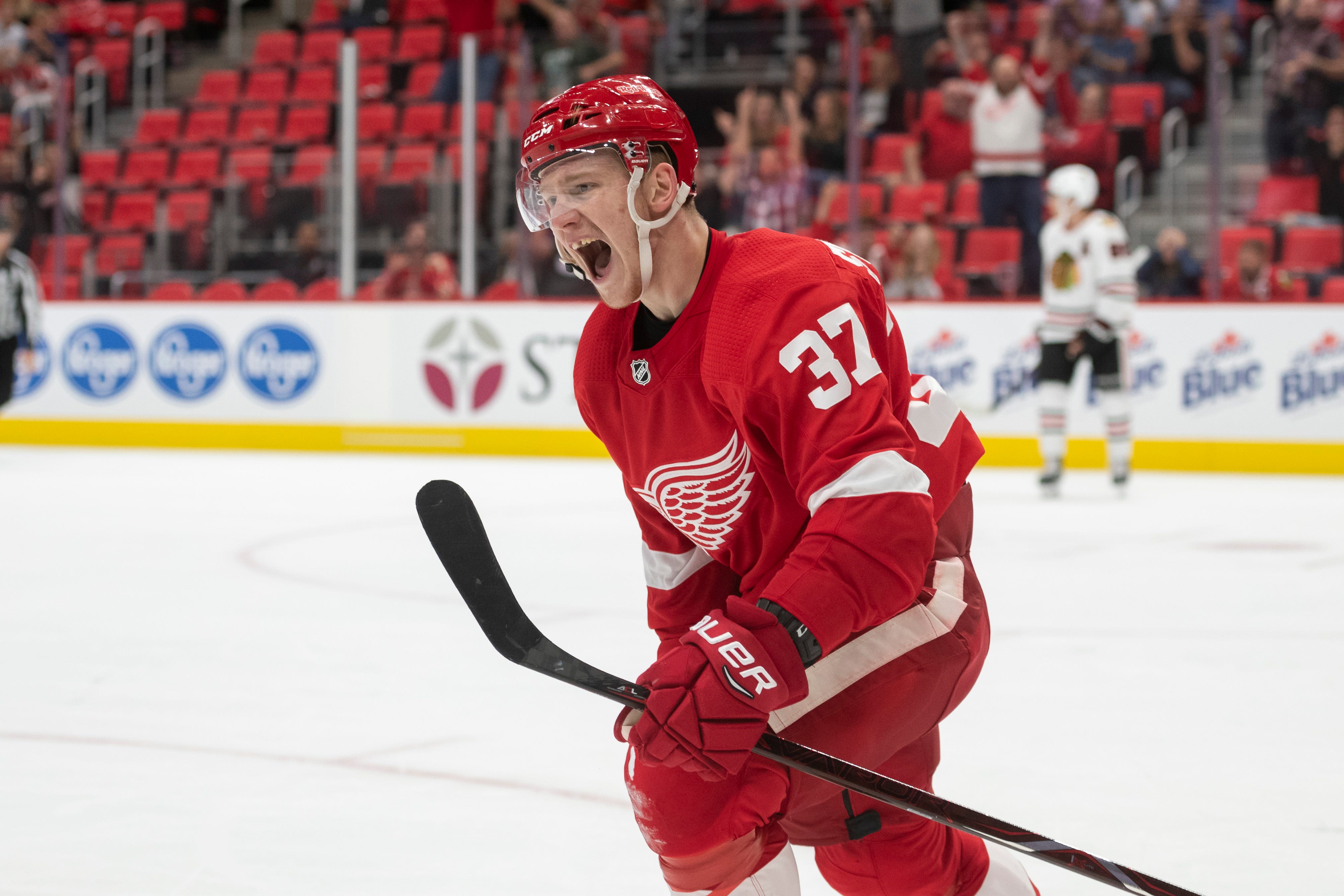 Detroit right wing Evgeny Svechnikov celebrates his winning goal in the third period.