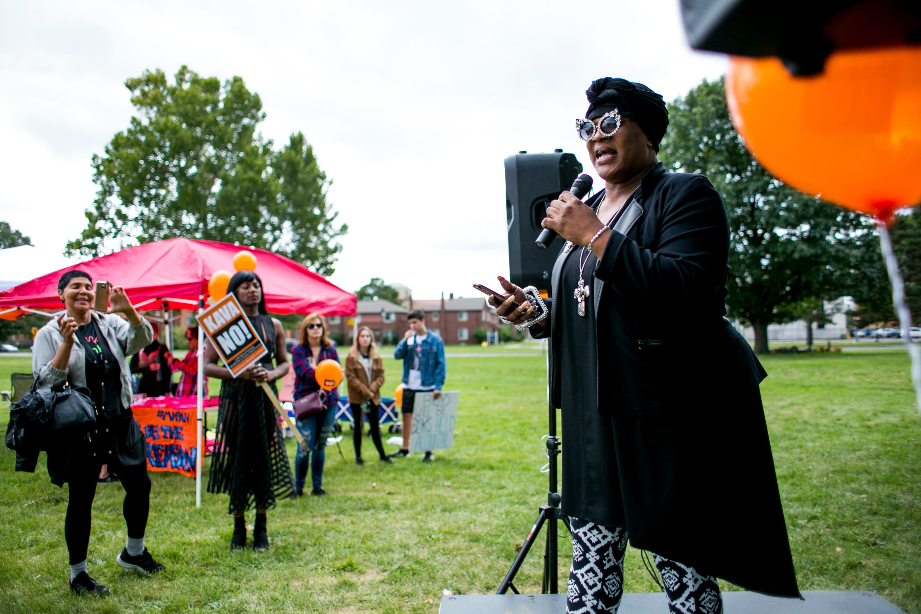 Jey'nce Poindexter, a Transgender Victims Advocate at Equality Michigan speaks during the Slut Walk at Palmer Park in Detroit on September 22, 2018.  The march and rally brought out about 70 demonstrators protesting sexual violence and other forms of aggression against woman.