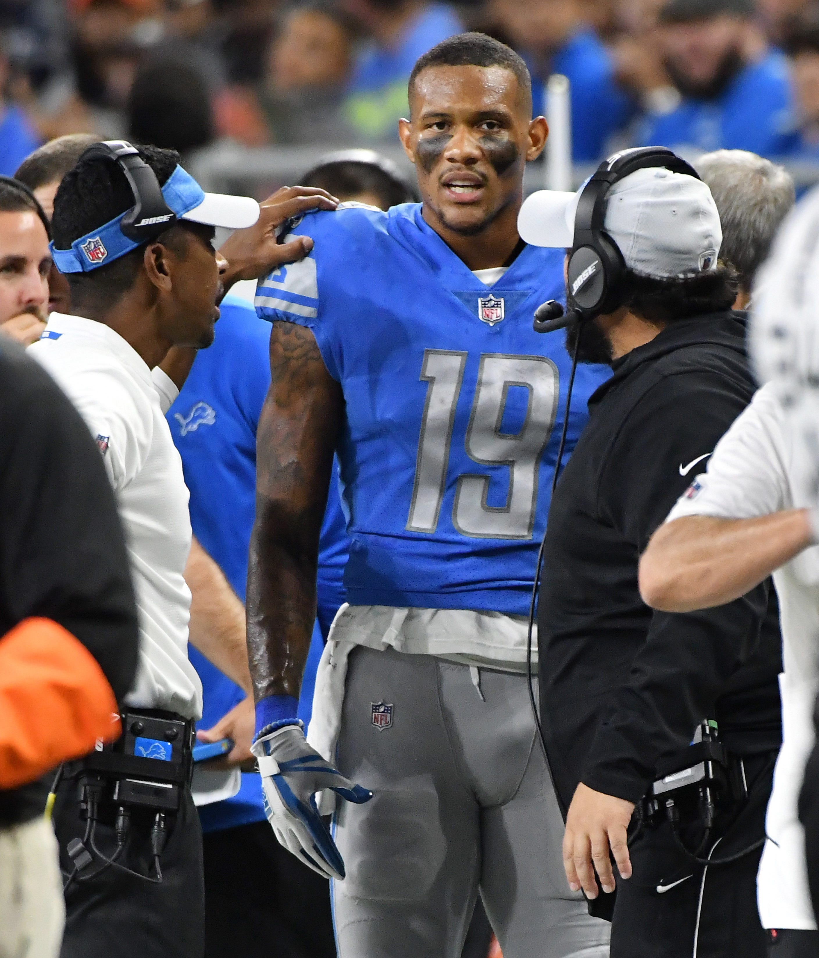 Lions ' Kenny Golladay on the sidelines during the review of the goal-line play in the second quarter. After review it was ruled a touchdown.
