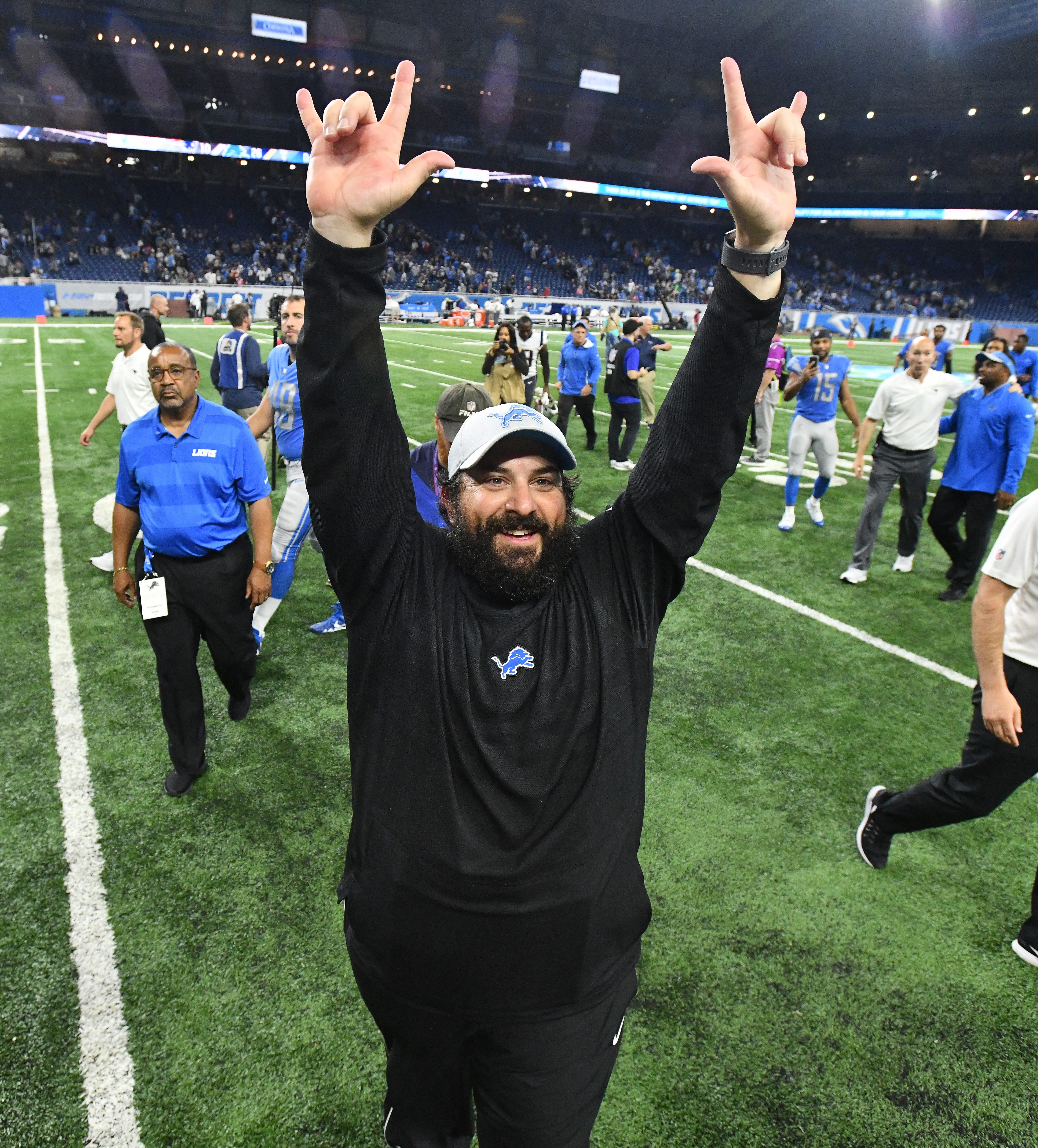 Lions head coach Matt Patricia raises his hands, waving to the stands after the 26-10 victory over his old team, the New England Patriots at Ford Field in Detroit, Michigan on September 23, 2018.