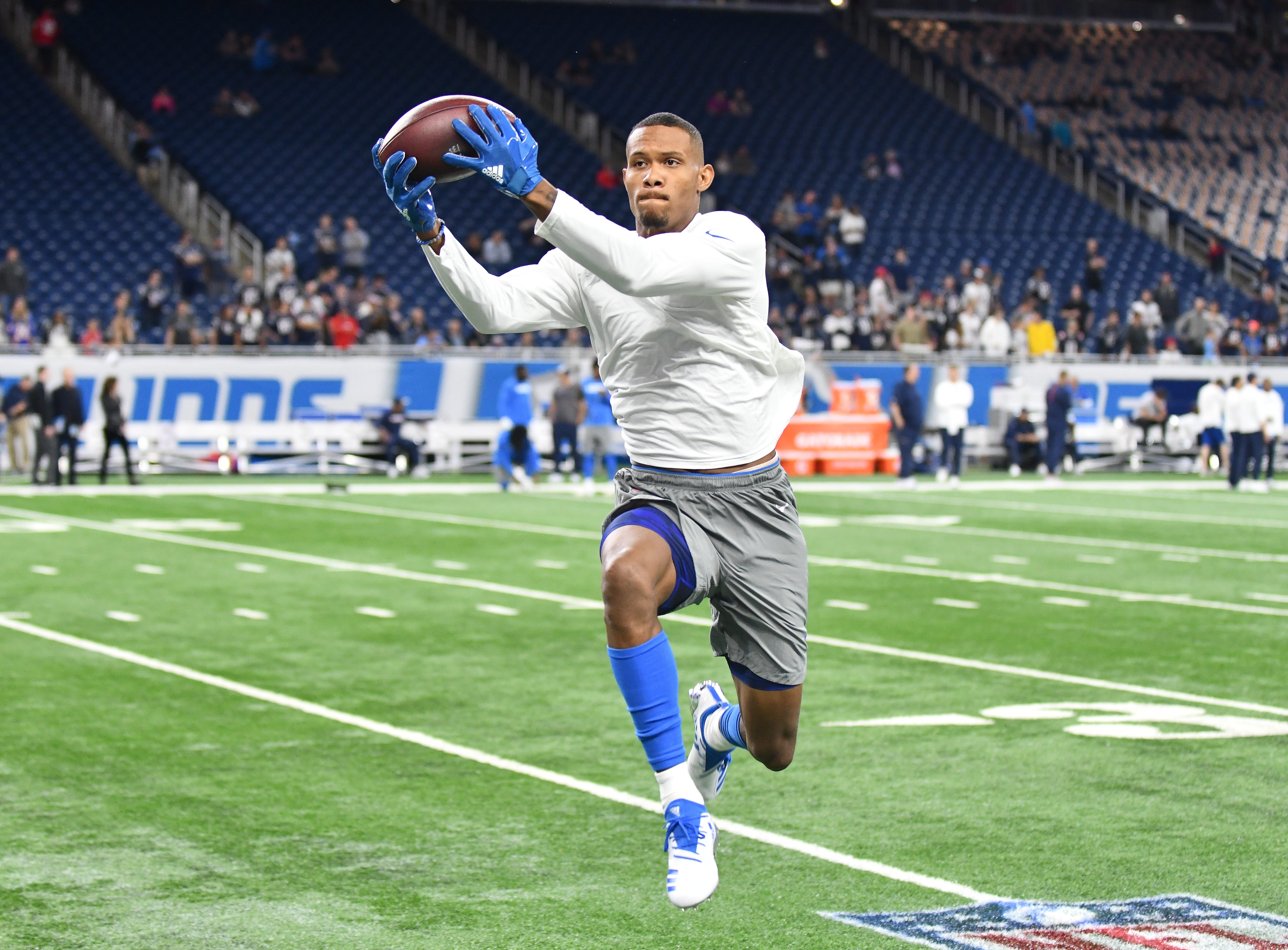 Lions wide receiver Kenny Golladay pulls in a reception during warm-ups prior to playing the New England Patriots at Ford Field in Detroit on September 23, 2018.