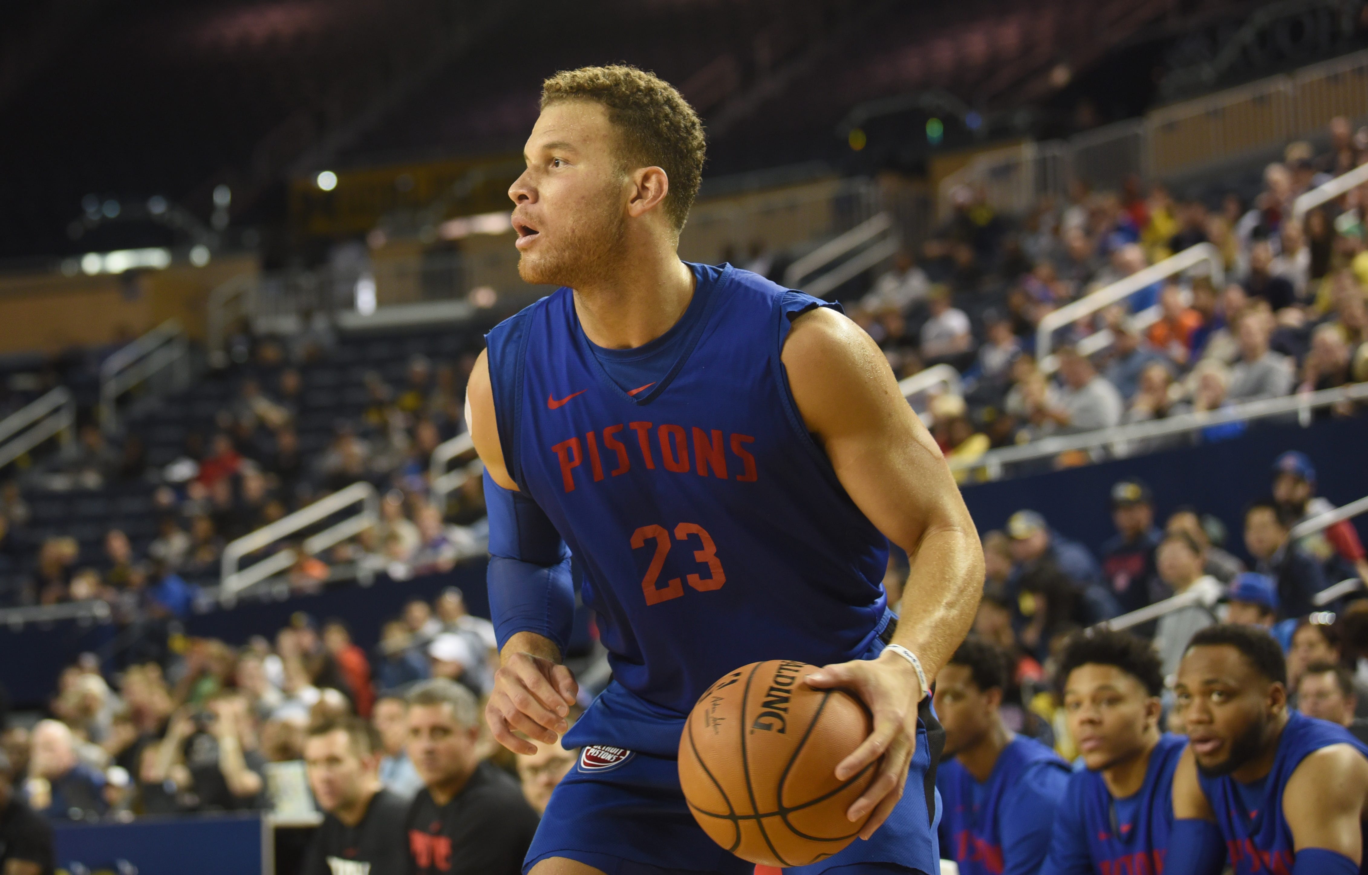 Blake Griffin heads for the basket during the Pistons ' open practice.