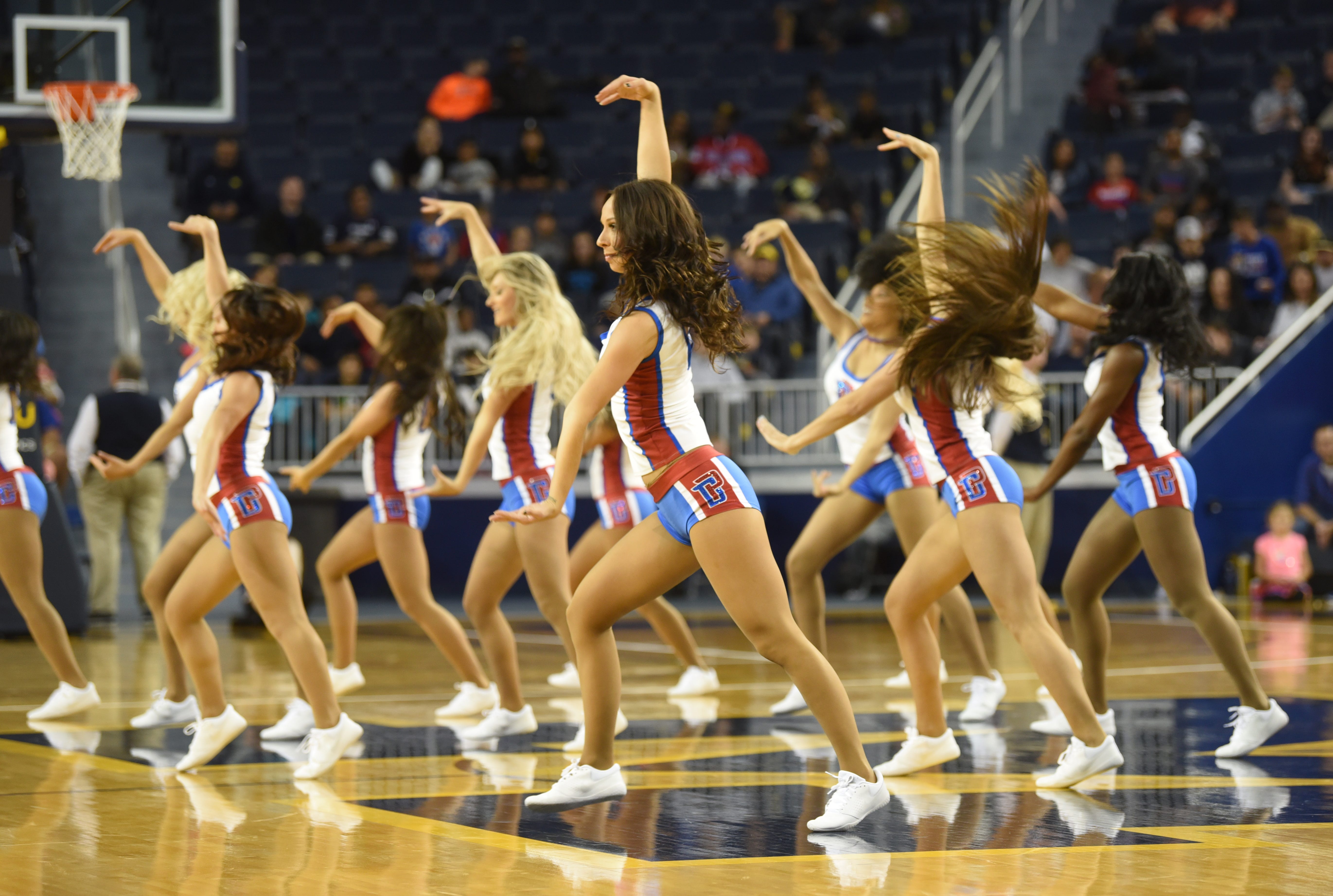 The Detroit Pistons cheerleaders perform during halftime.