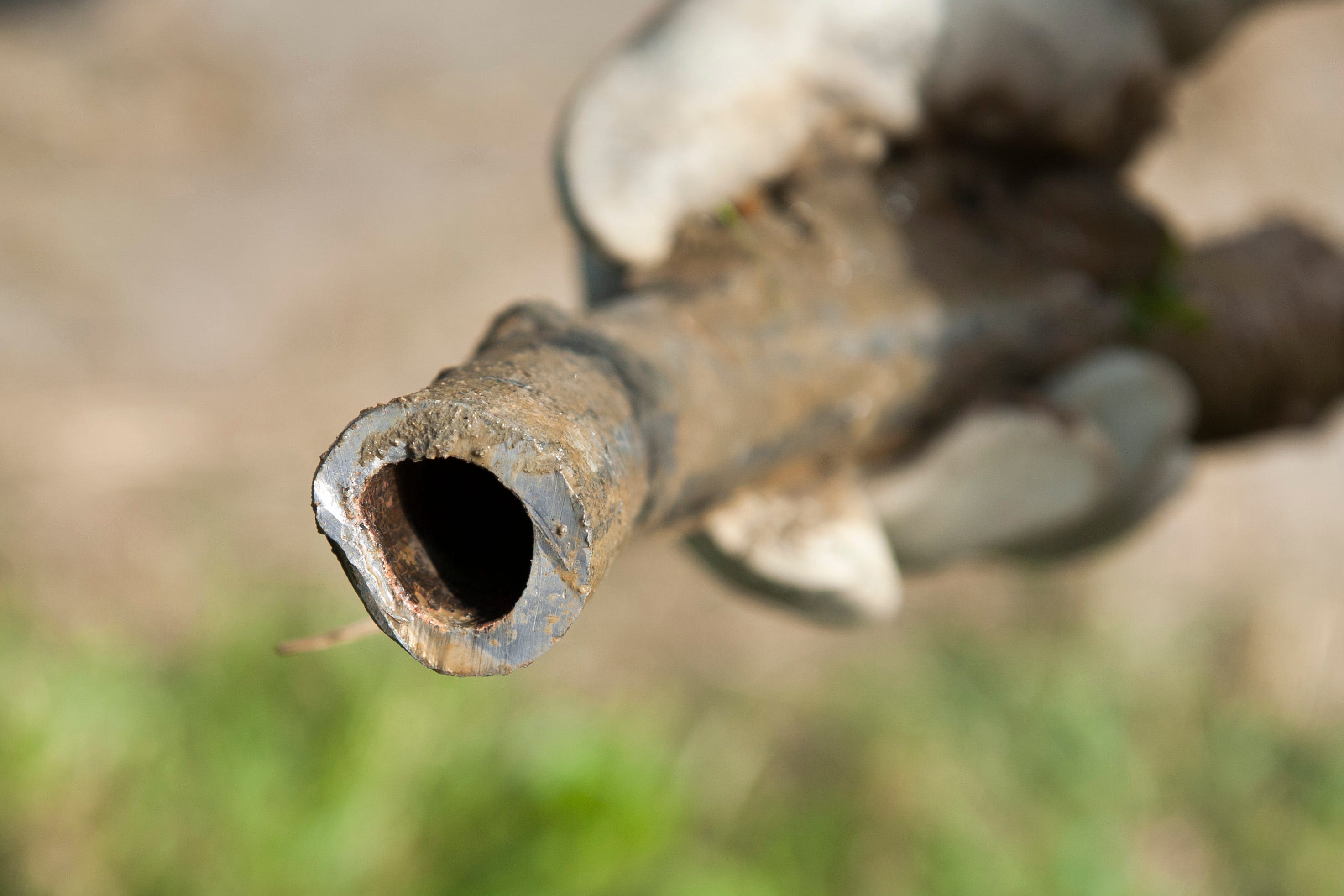 A section of lead pipe that was removed by crews replacing lead-tainted service lines at homes on the 1200 block of Durand in Flint, August 31, 2016