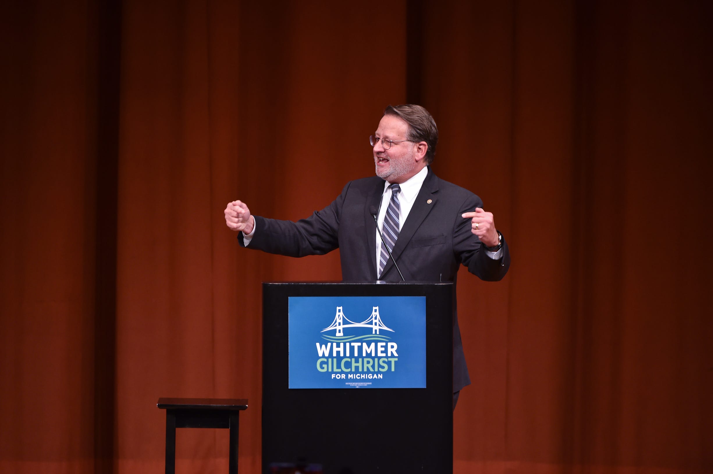 U.S. Sen. Gary Peters, D-Bloomfield Township, addresses a rally for Michigan Democratic candidates at Rackham Auditorium Friday on the campus of the University of Michigan in Ann Arbor.
