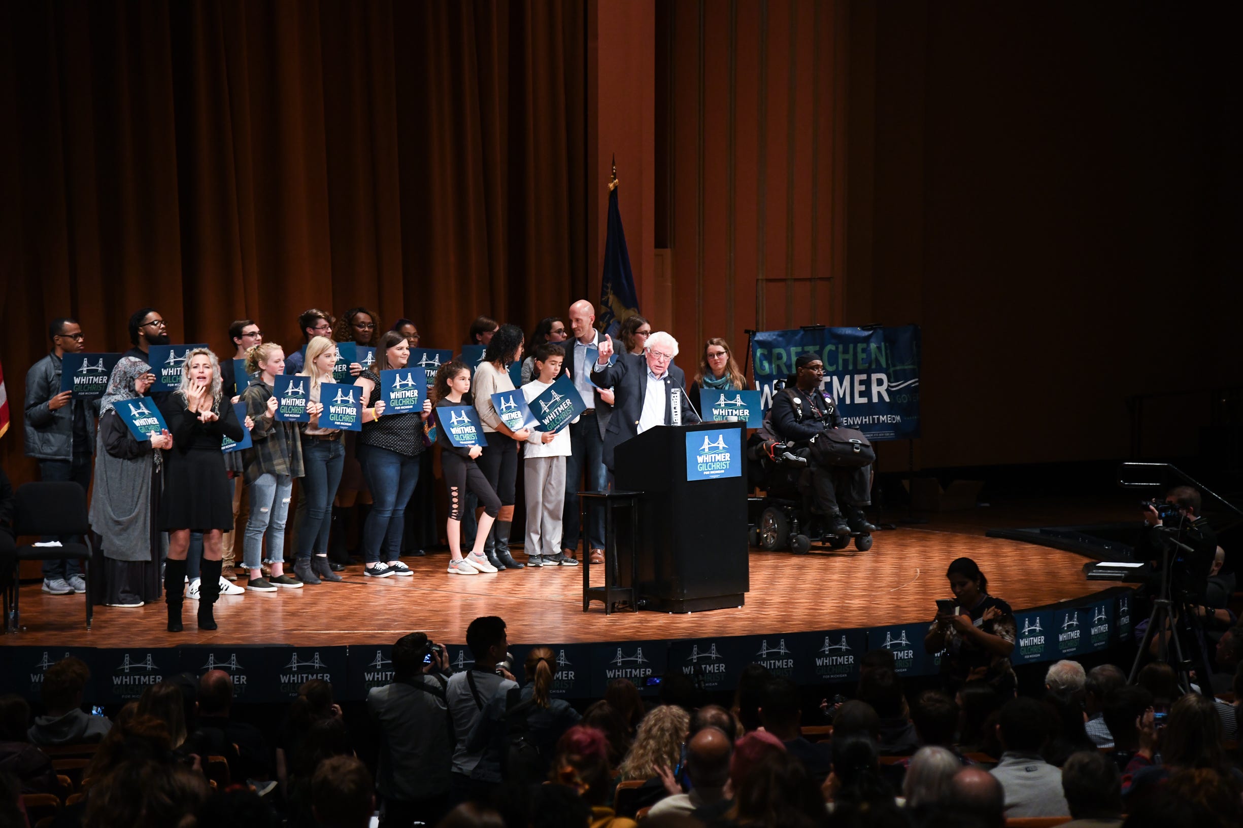 U.S. Sen. Bernie Sanders of Vermont stumps for gubernatorial candidate Gretchen Whitmer during a campaign rally for Michigan Democratic candidates at Rackham Auditorium at the University of Michigan in Ann Arbor.