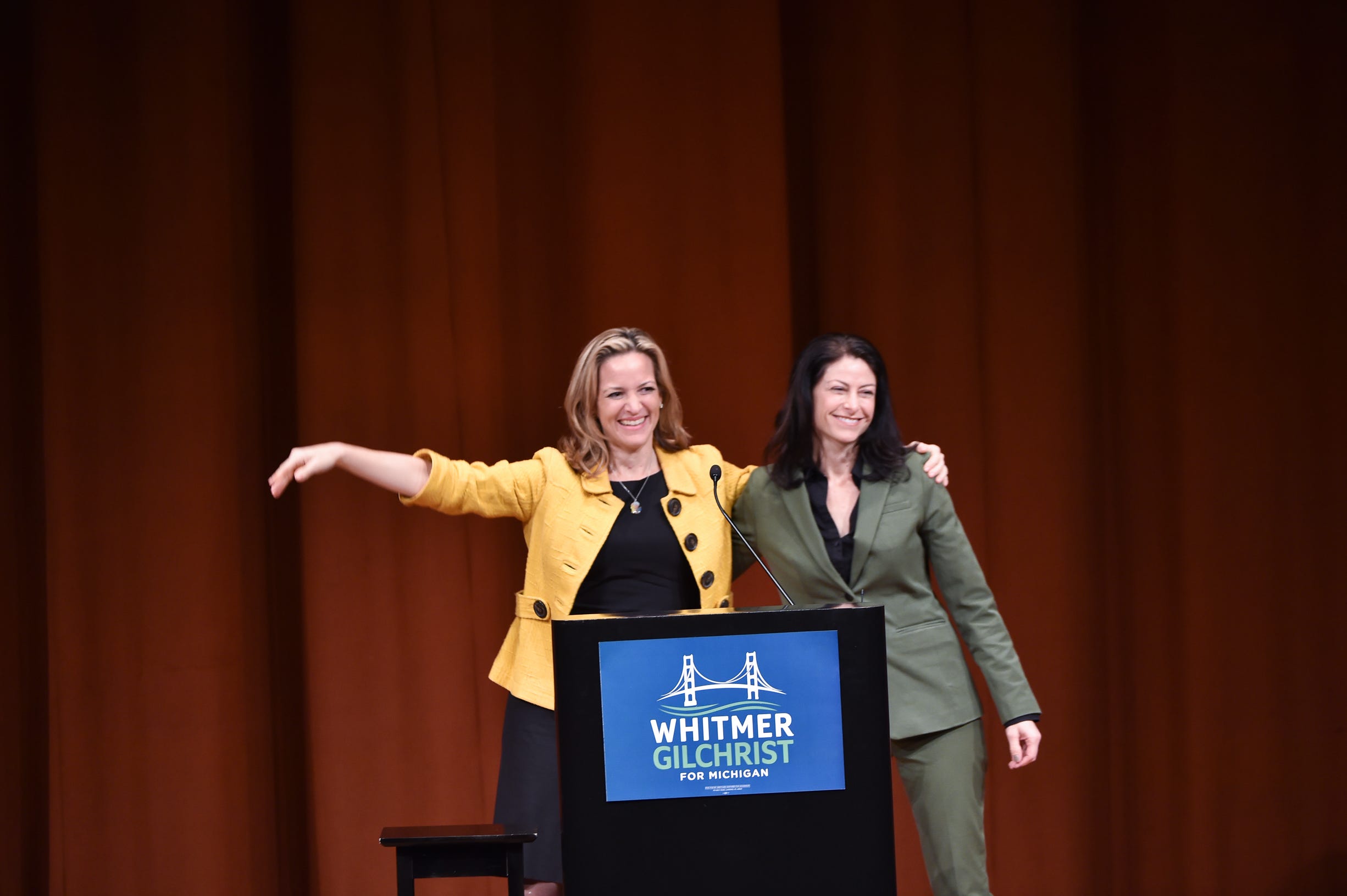 Jocelyn Benson, left, and Dana Nessel at a campaign rally on October 19.