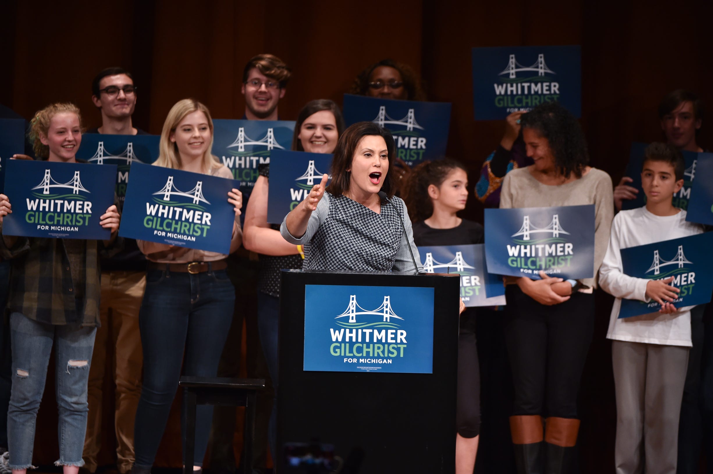 Michigan gubernatorial candidate Gretchen Whitmer gives a campaign speech during a rally for Michigan Democratic candidates at Rackham Auditorium Friday on the campus of the University of Michigan in Ann Arbor.