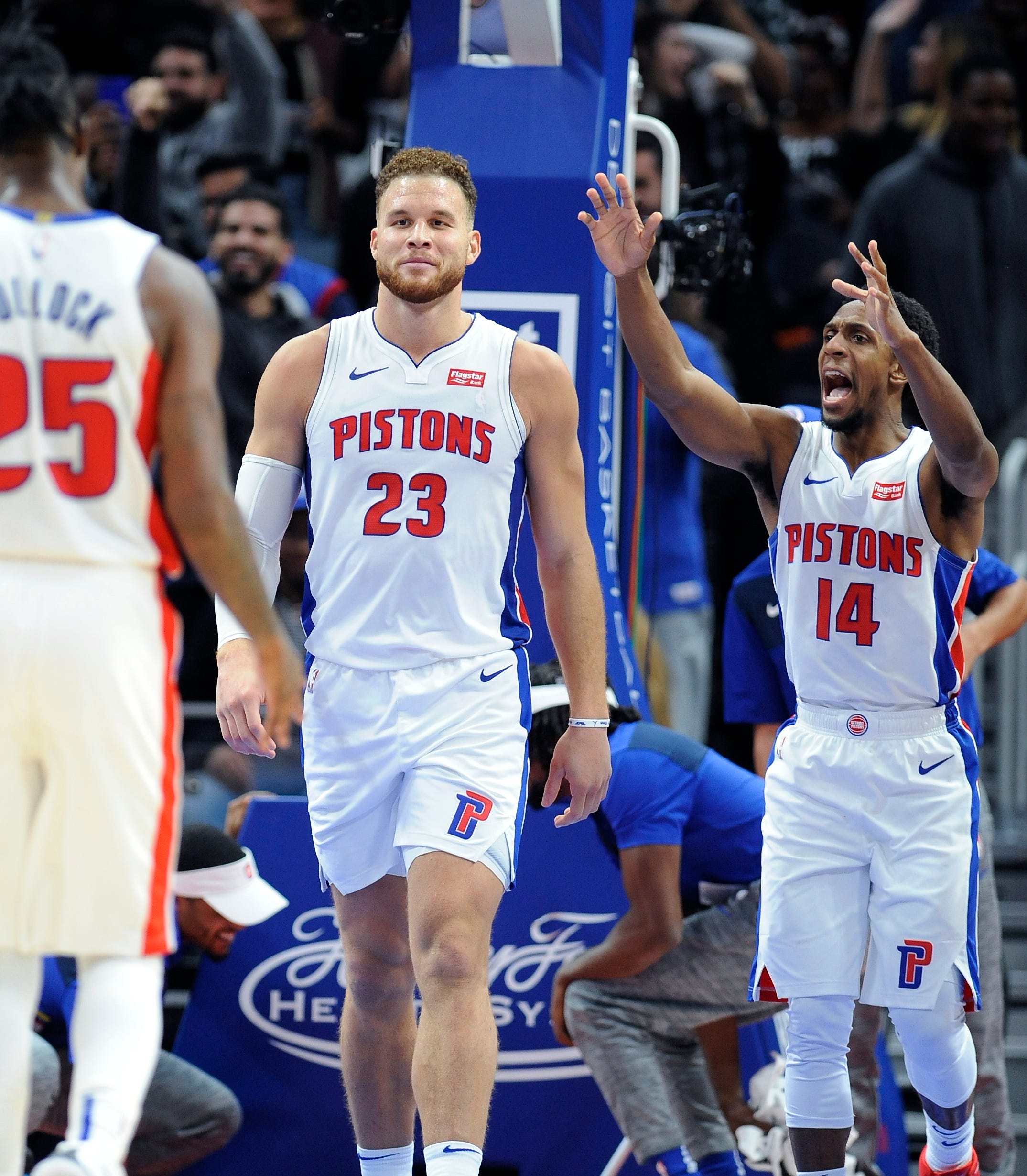 Blake Griffin is all smiles after he completed a three-point play to give the Pistons a 1 point lead with 1.8 second left.