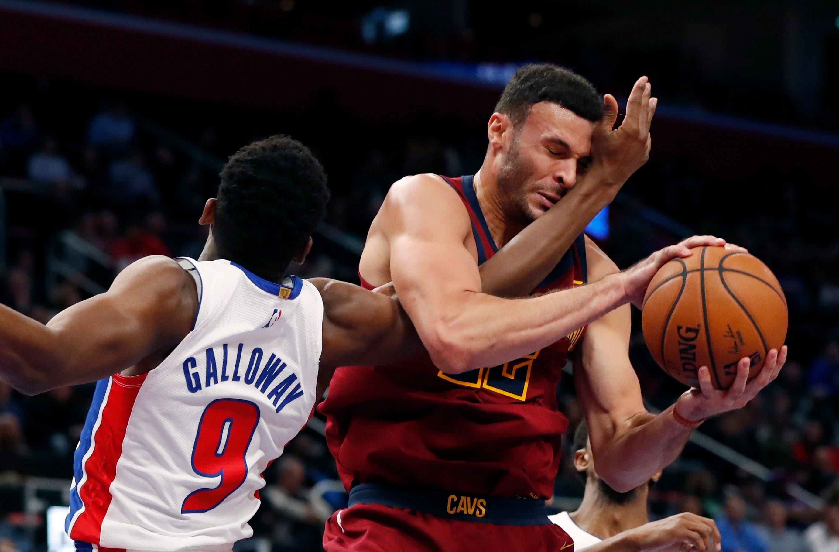 Cleveland Cavaliers forward Larry Nance Jr. (22) is fouled by Detroit Pistons guard Langston Galloway (9) during the second half.