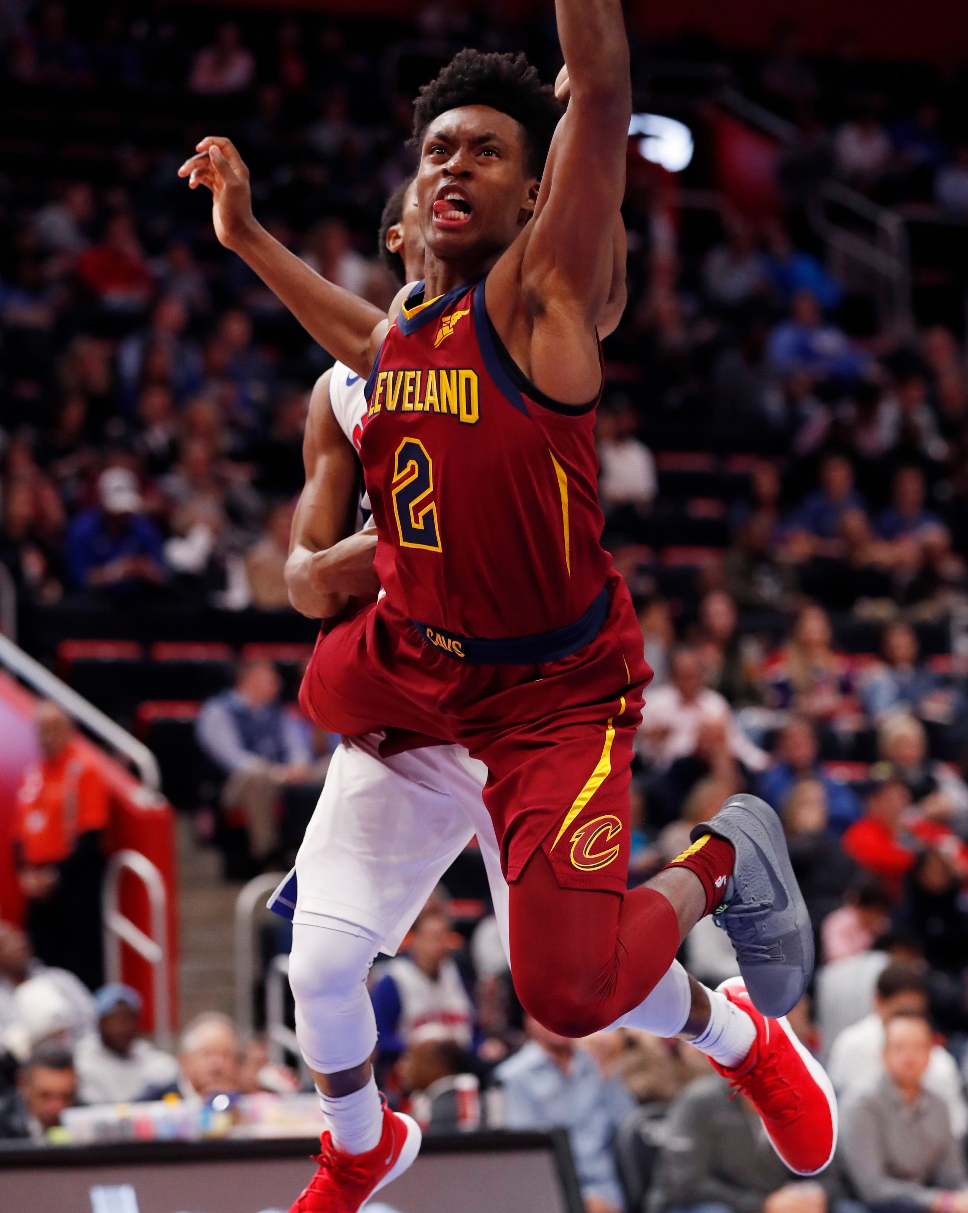 Cleveland Cavaliers guard Collin Sexton (2) is fouled by Detroit Pistons guard Ish Smith during the second half.