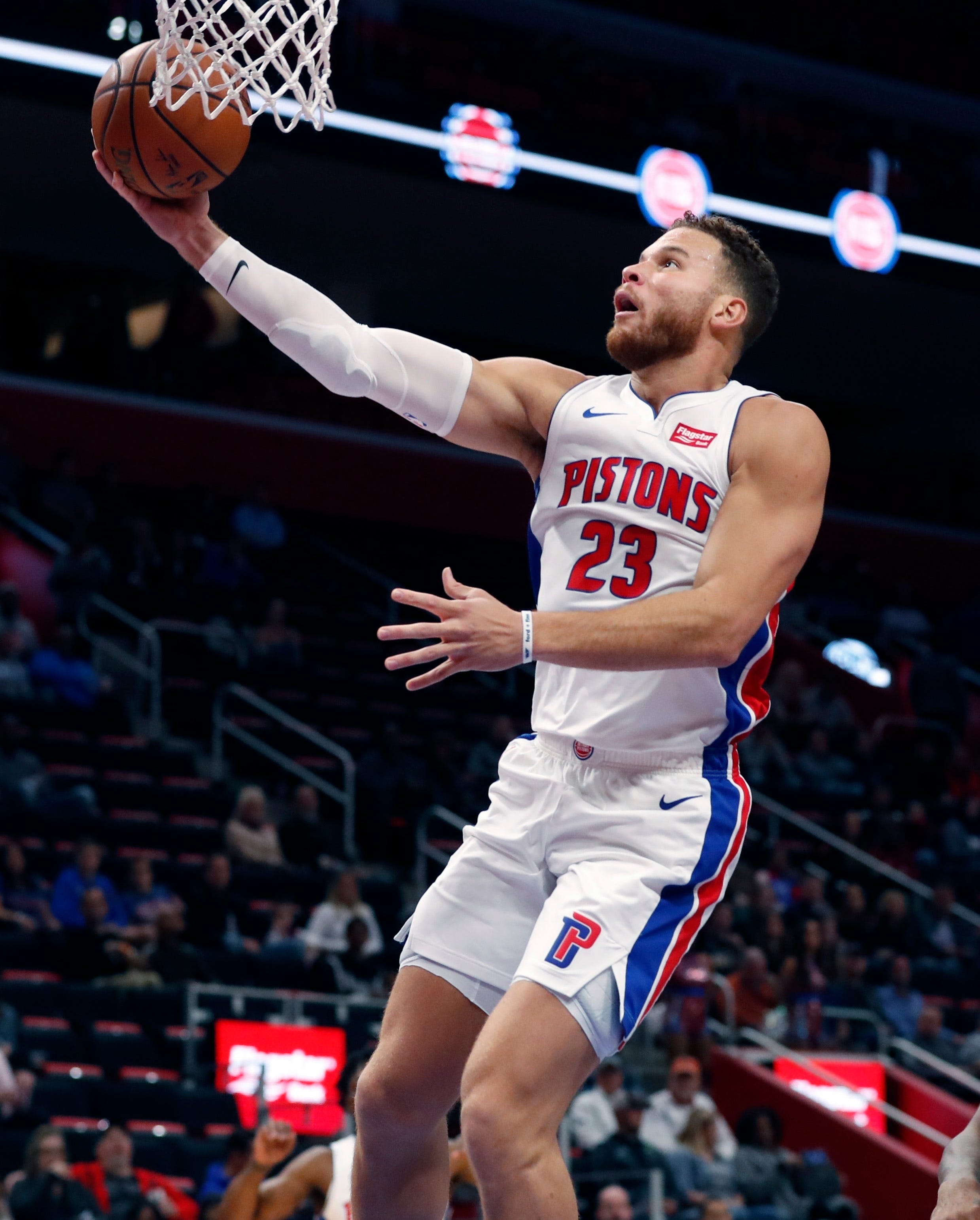 Detroit Pistons forward Blake Griffin makes a layup during the first half of an NBA basketball game against the Cleveland Cavaliers, Thursday, Oct. 25, 2018, in Detroit.