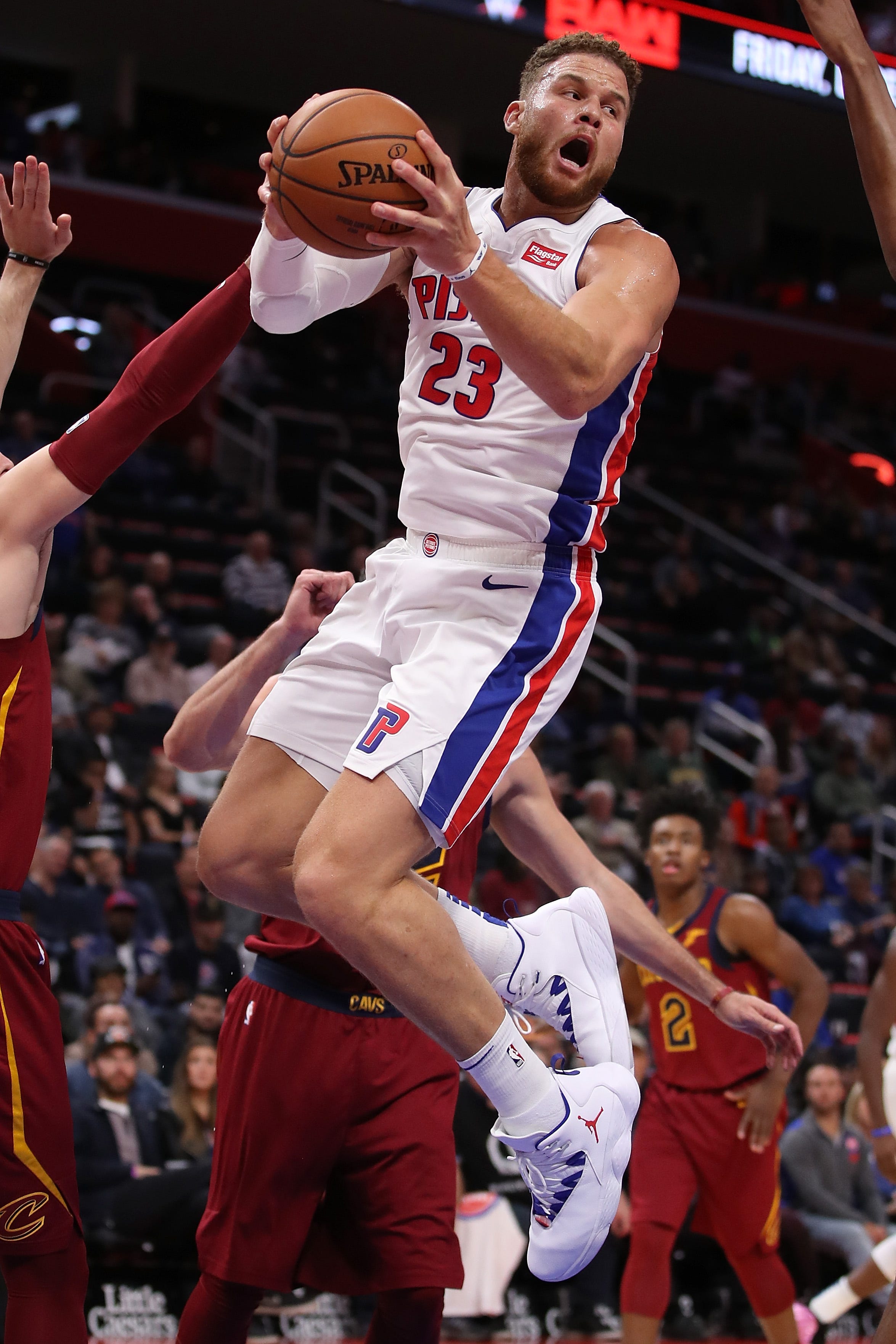 Blake Griffin (23) of the Detroit Pistons looks for a open teammate while playing the Cleveland Cavaliers during the second half.