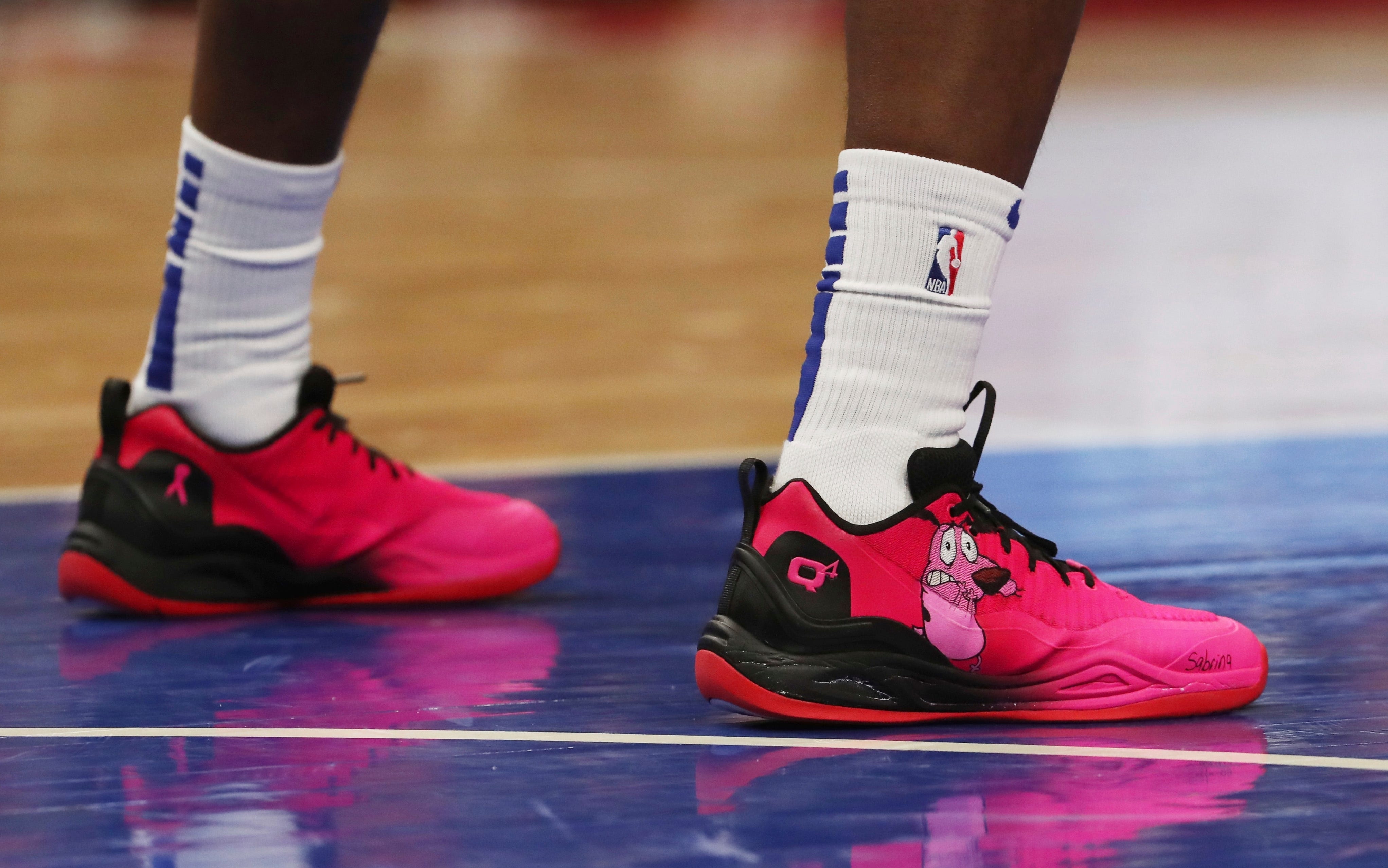 Closeup of Detroit Pistons guard Langston Galloway ' s shoes during the first half