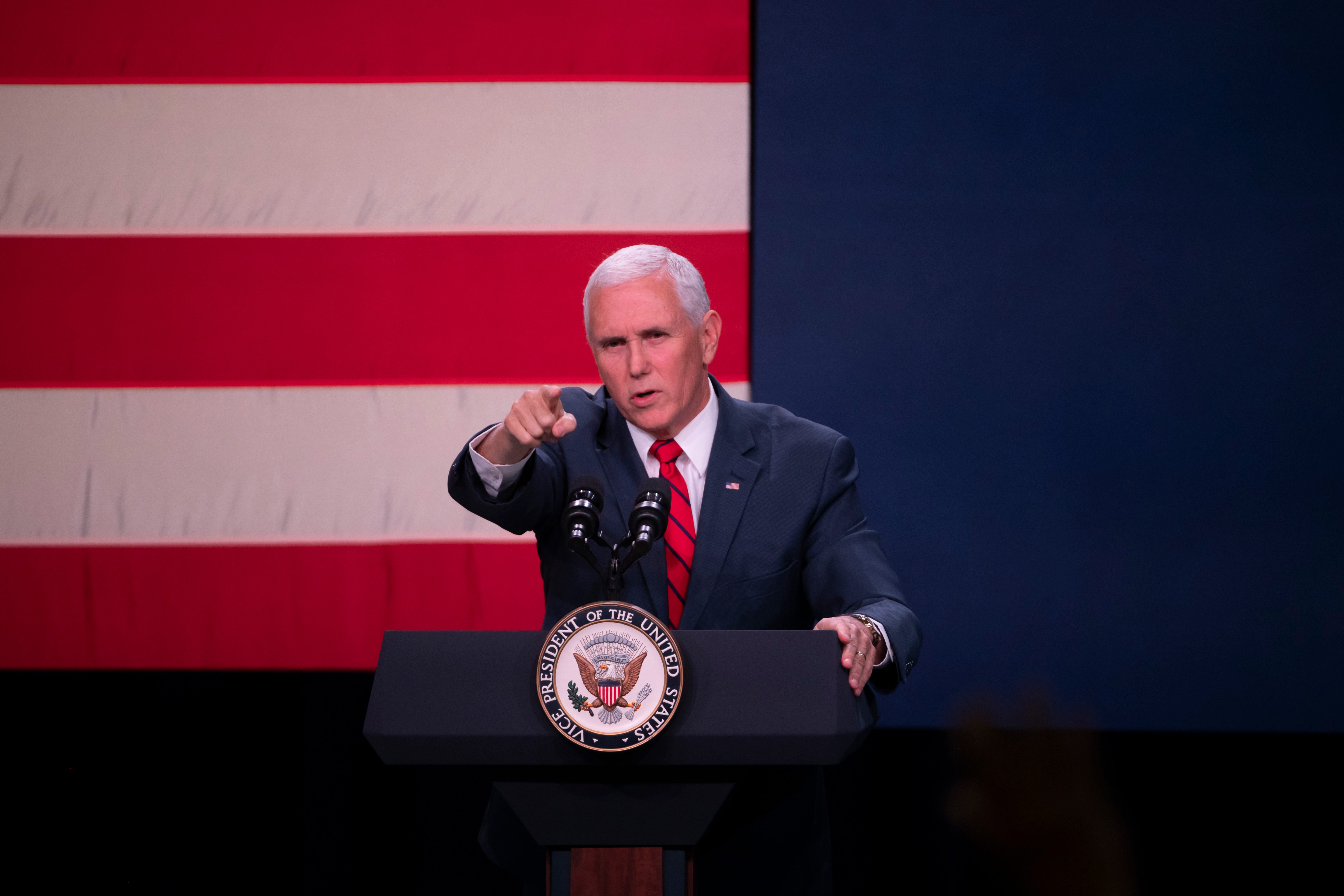Vice President Mike Pence points during his speech.