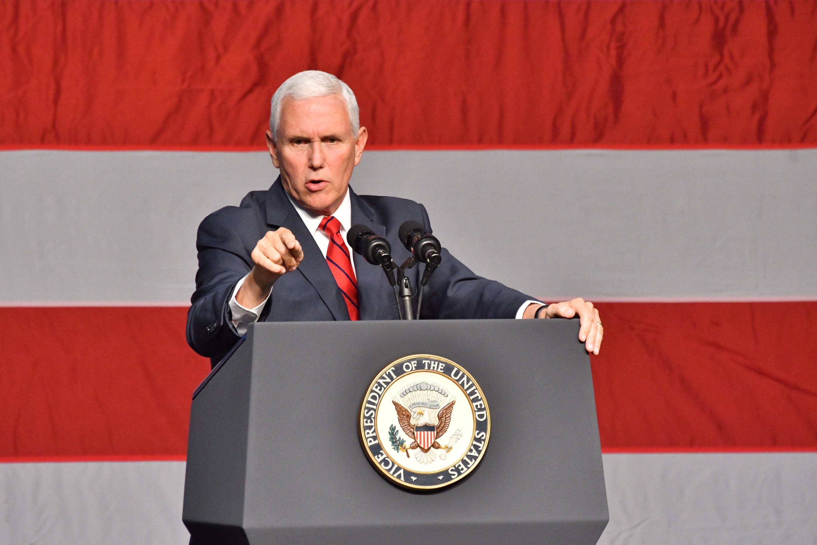 U.S. Vice President Mike Pence fires up the crowd as he campaigns with Republican candidates at the DeltaPlex in Grand Rapids on Monday, Oct 29, 2018.