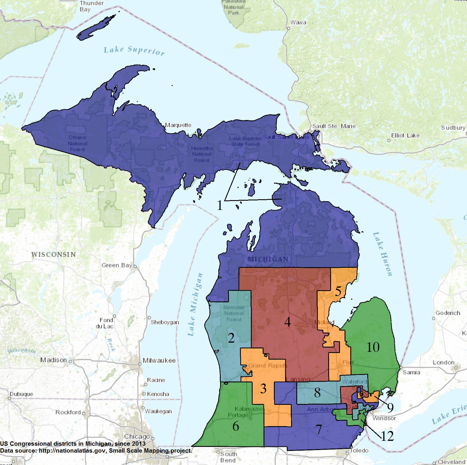 Map shows boundaries of Michigan's congressional districts since 2013.