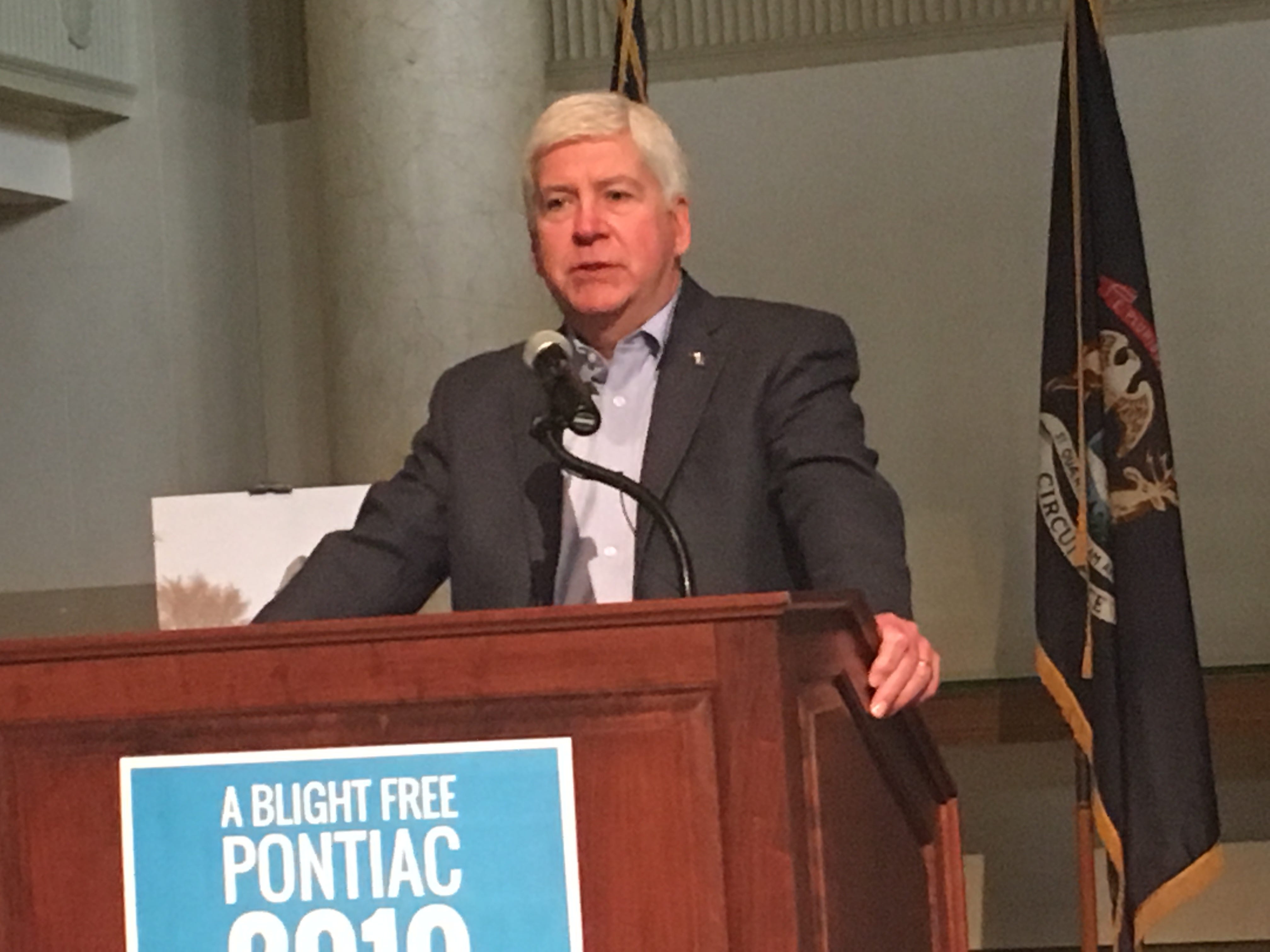 Gov. Rick Snyder discusses anti-blight efforts in Pontiac on Nov. 2, 2018.