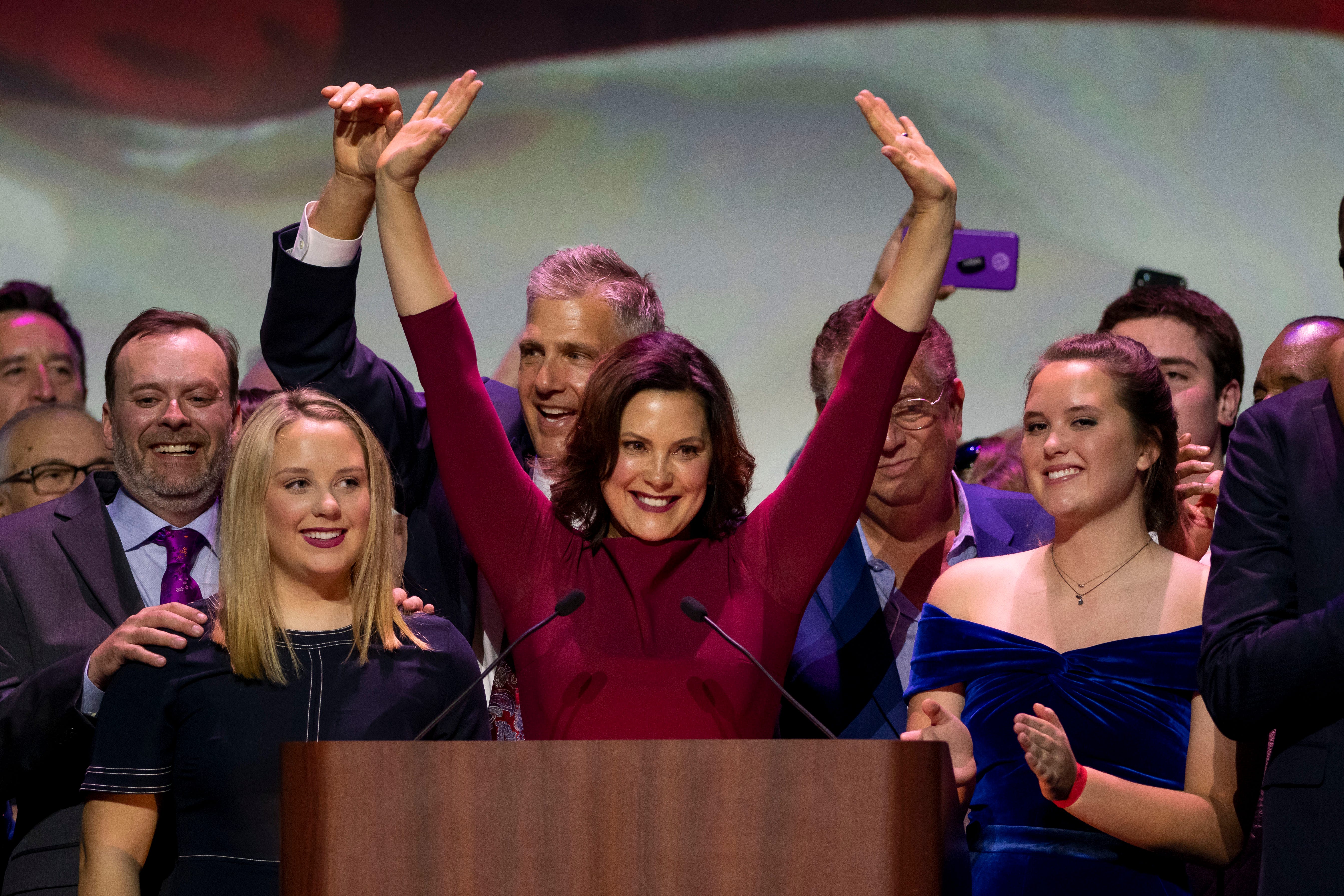Gretchen Whitmer gives her acceptance speech after being elected the next governor of Michigan. The Michigan Democratic Party held its election night event at the Sound Board Theater at Motor City Casino in Detroit, November 6, 2018.