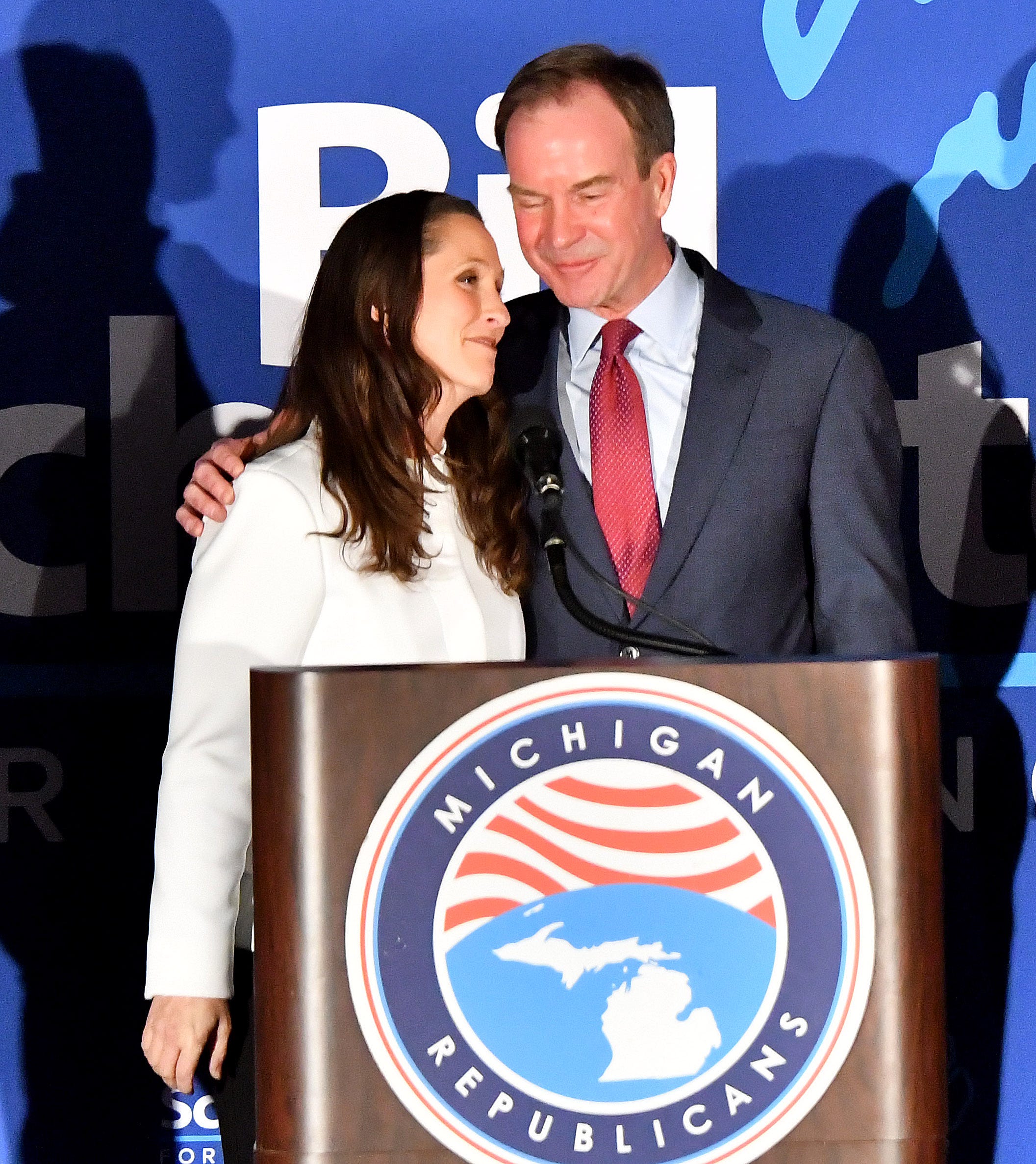 Bill Schuette and Lisa Posthumus Lyons concede the governor's race as the Michigan GOP gathers at the Lansing Center on Election Night.