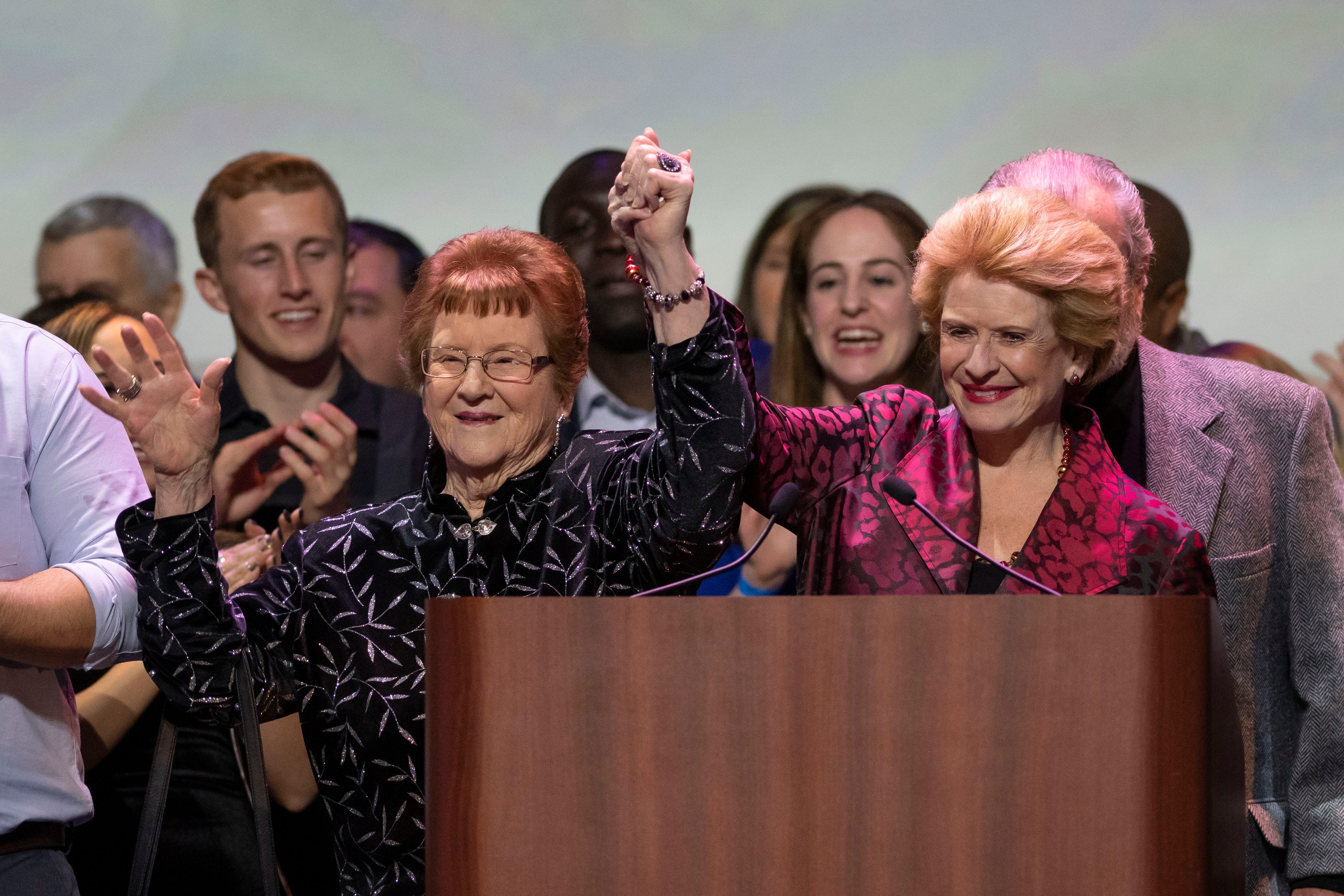 U.S. Senator Debbie Stabenow, right, celebrates with her mother Ann Greer after winning re-election.