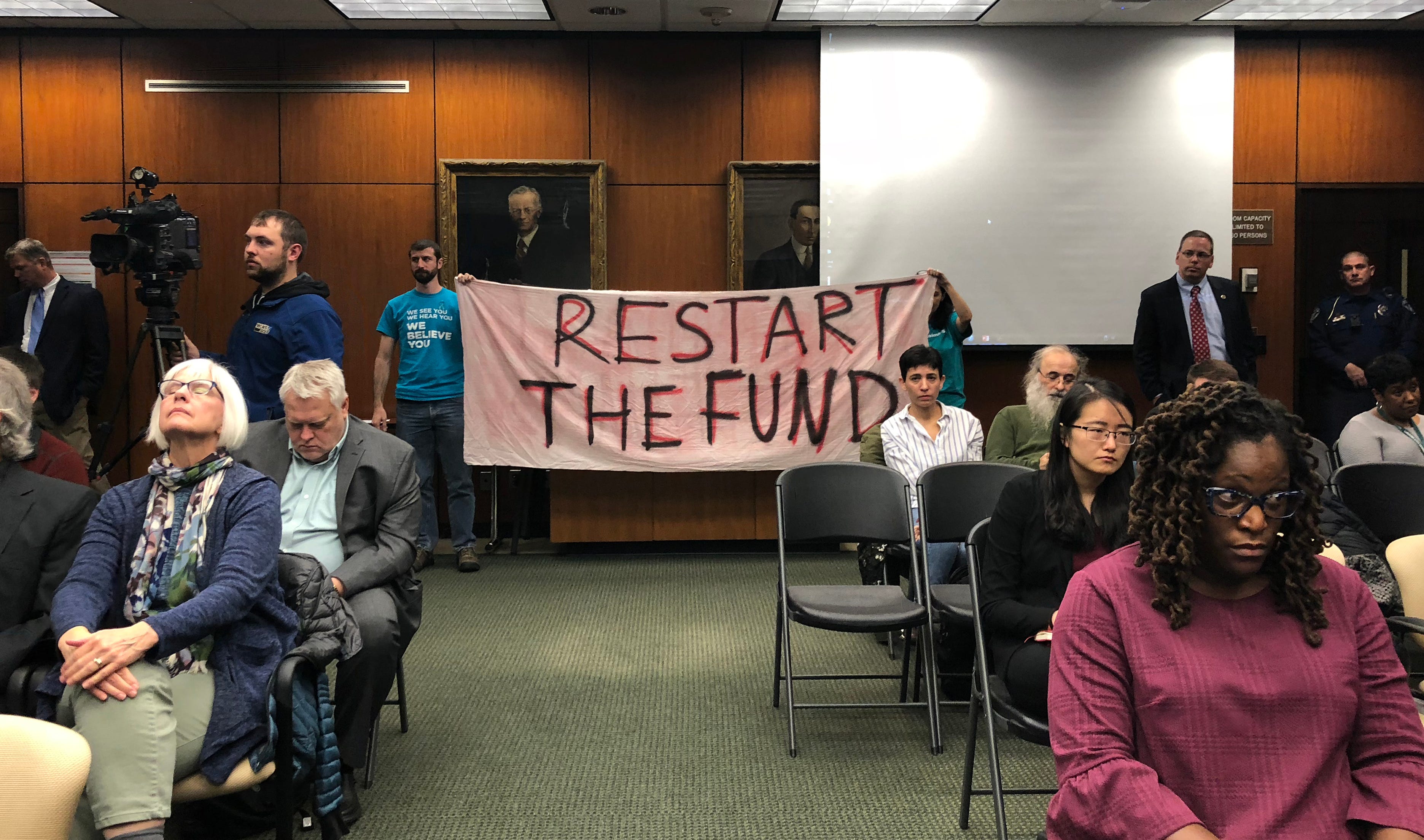 Allies of Larry Nassar victims demand that Michigan State University restore the $10 million Healing Assistance Fund during the Oct. 26 meeting of the Board of Trustees.