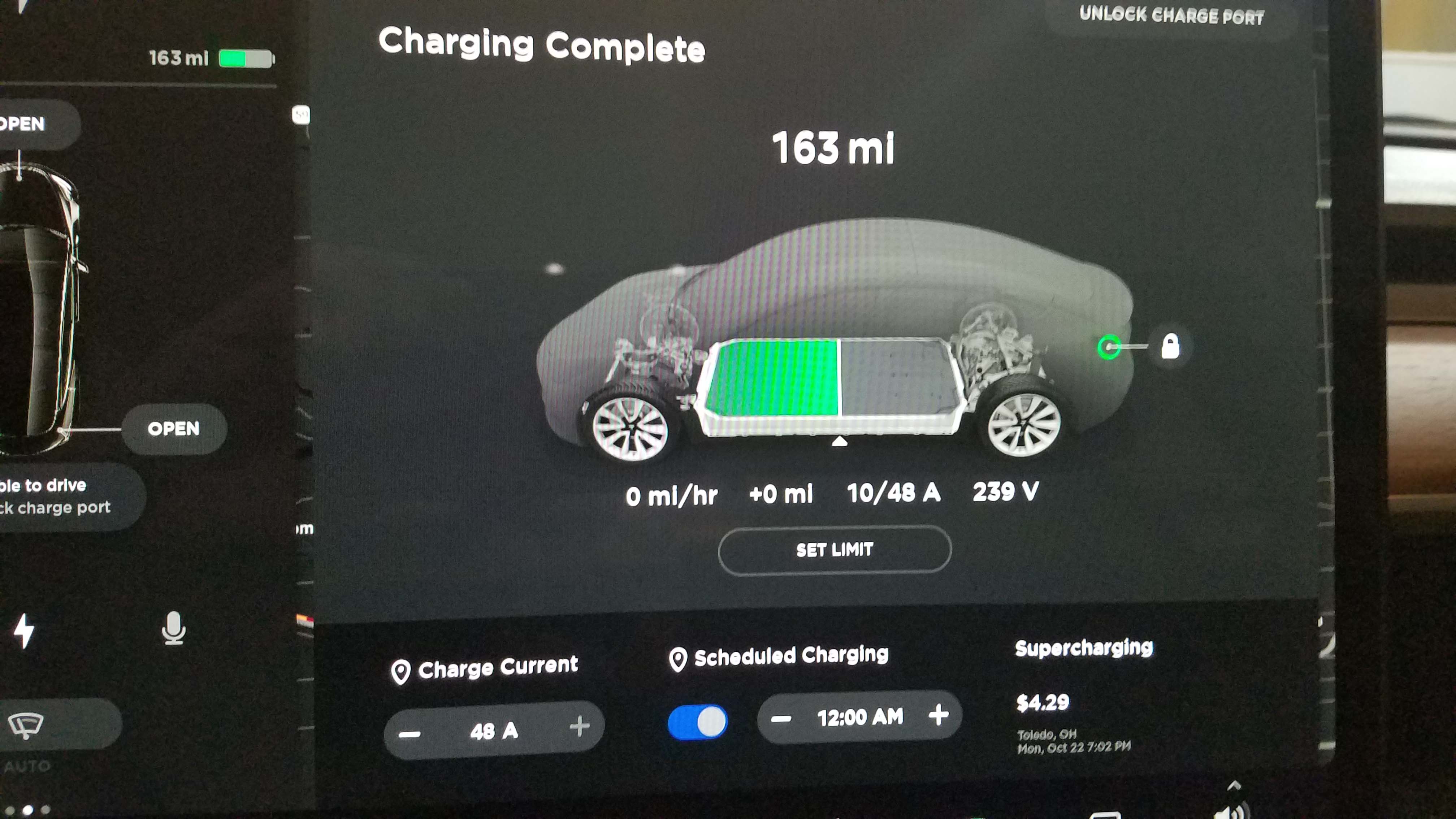 Charging for the Tesla Model 3 can be set automatically. It can also be controlled remotely via an app. Driven in chilly November weather in Detroit at 80 mph highway speeds, the battery returns just 60 percent of advertised  battery range.