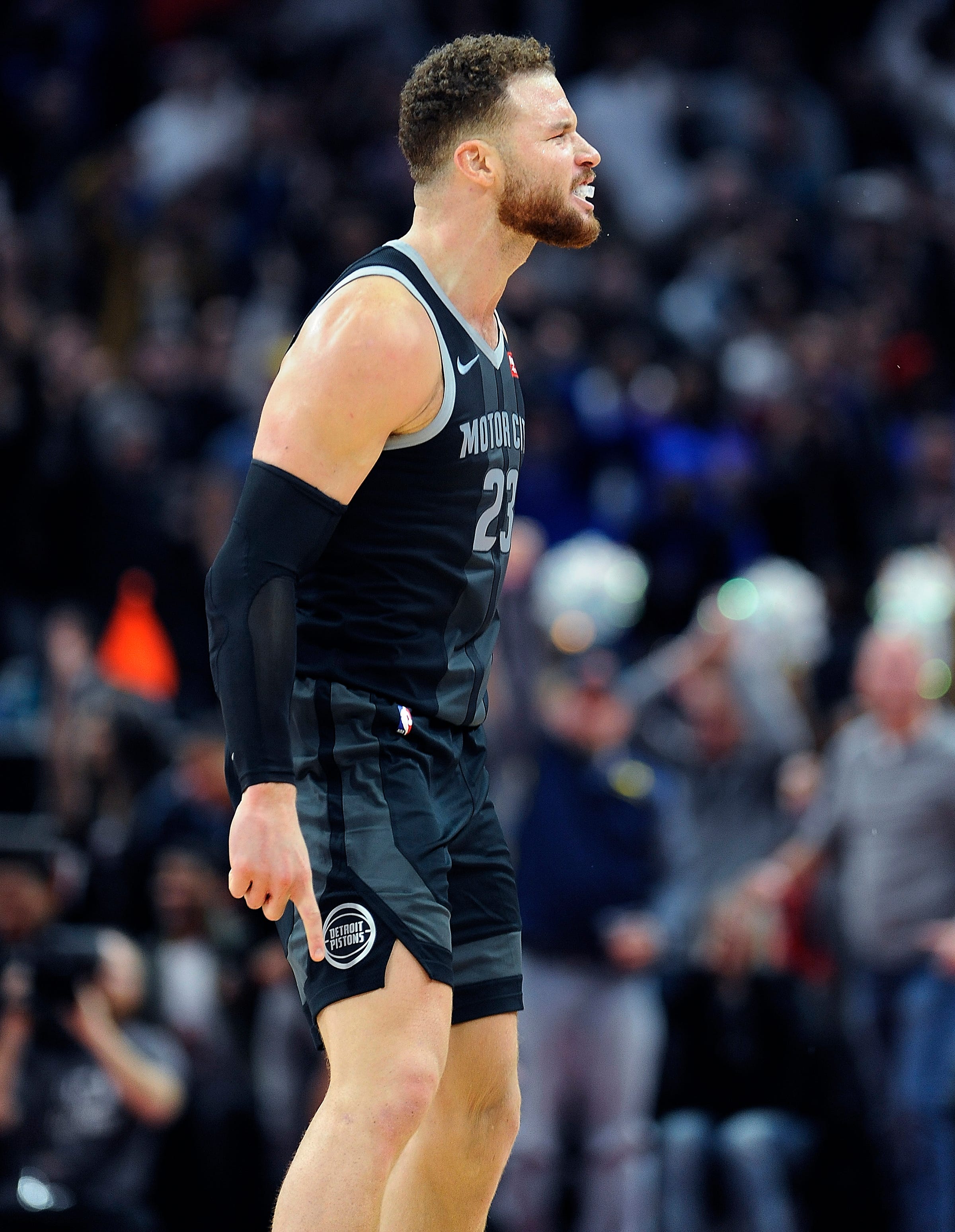 Pistons' Blake Griffin reacts after making a 3 point shot to put the Pistons up by 2 points in the fourth quarter.